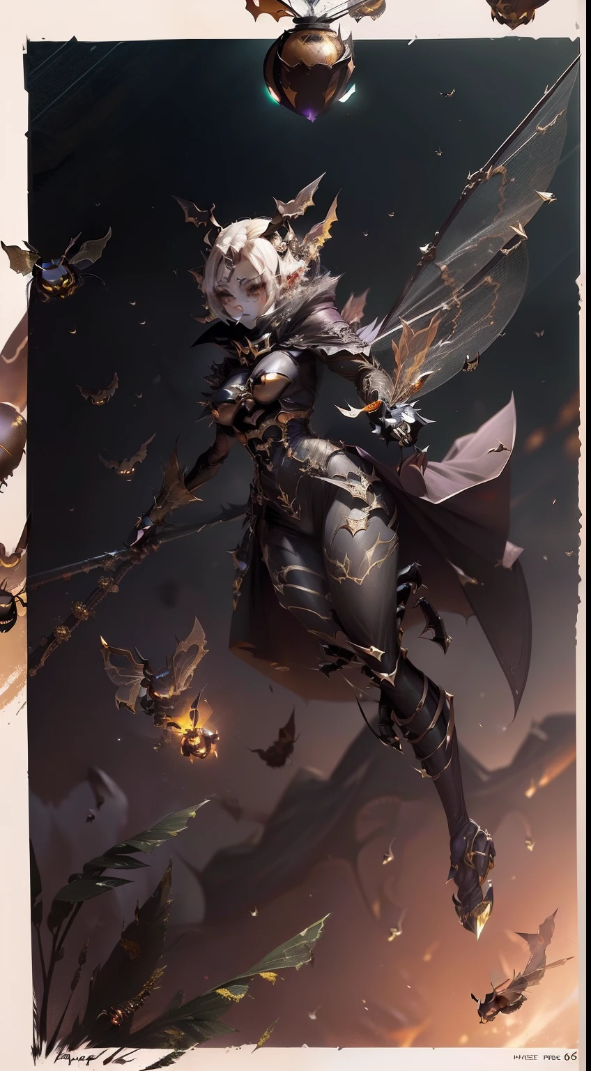 (Illustration of a fast-flying hornet:1.2)、A devil that combines creepiness and beauty、Atrocious、cruel、offensive、Dweller of Darkness、beast、Fusion of man and wasp、fullllbody、(femele:0.6 | hornet:1.8)、Bee armor、Furiously piercing with a poisonous spear in the hand