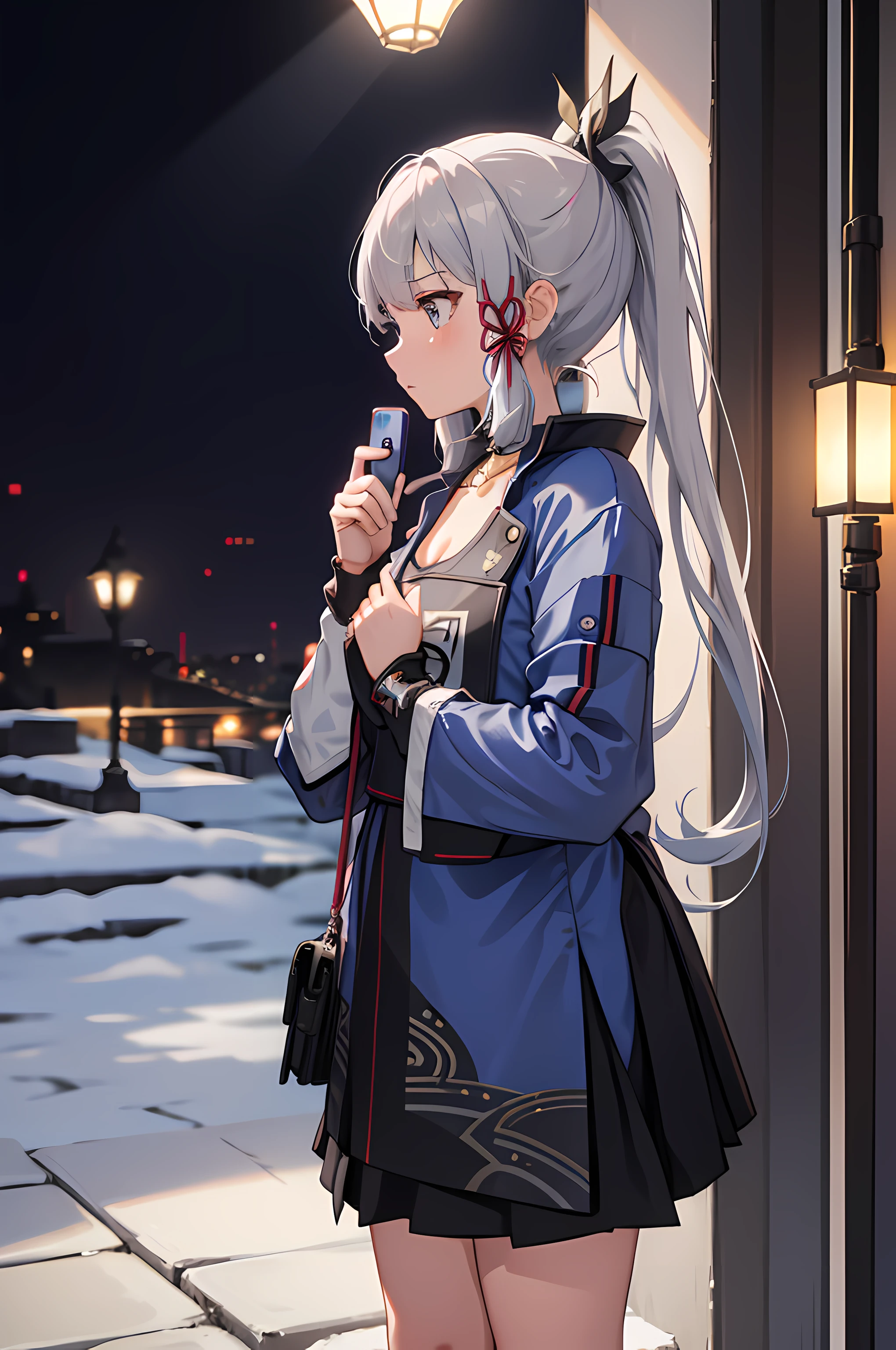 the night,1girls solo,Gray hair single ponytail,校服,standing on your feet,full bodyesbian,Holding a phone in one hand,talking on phone,Solitude,The expression is lonely,lamplight,High bitrate 4K