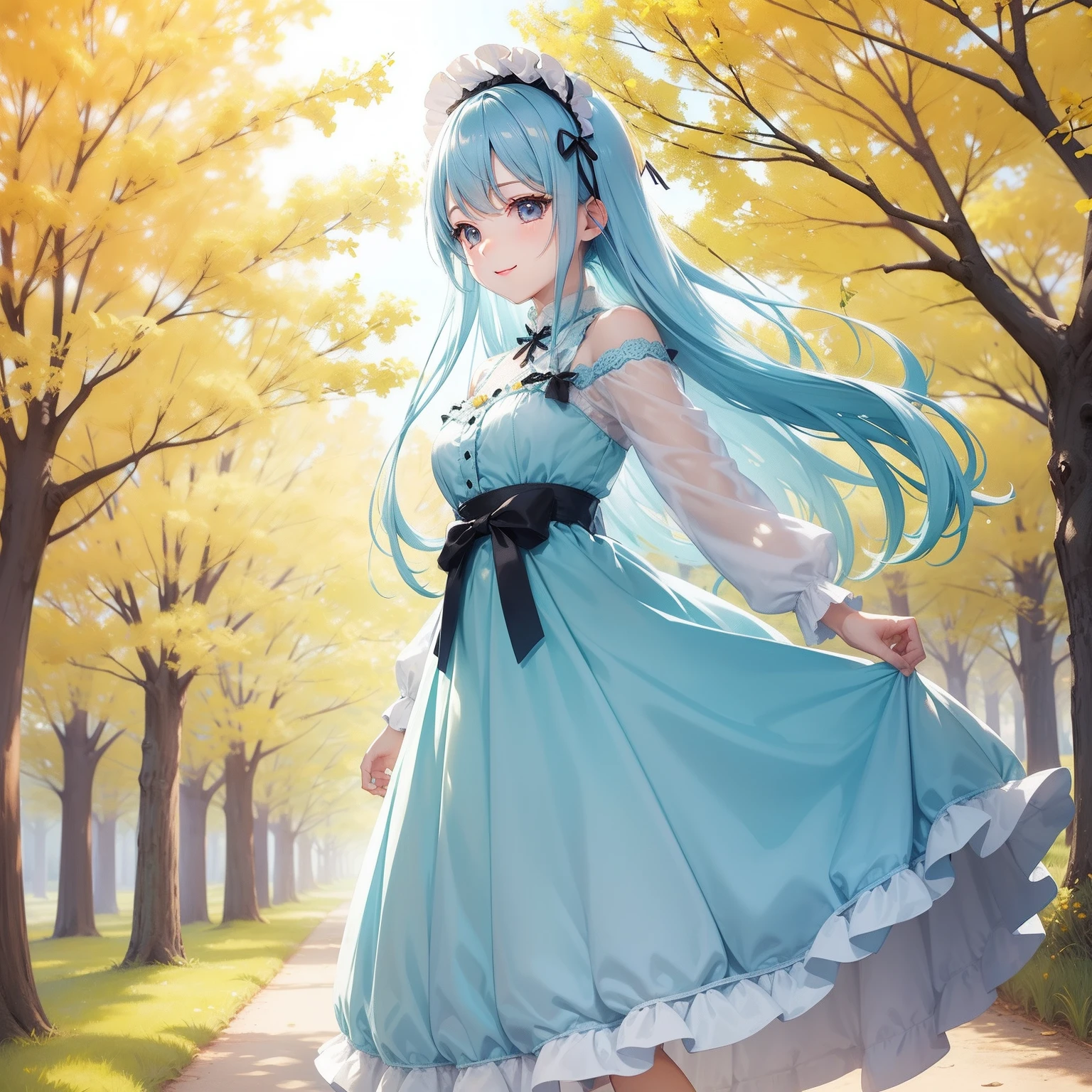 Pretty girl Light blue hair Long a smile Black eyes Bright sunlight is falling on the rows of yellow ginkgo trees Green Lolita Dresses Everything shines。
