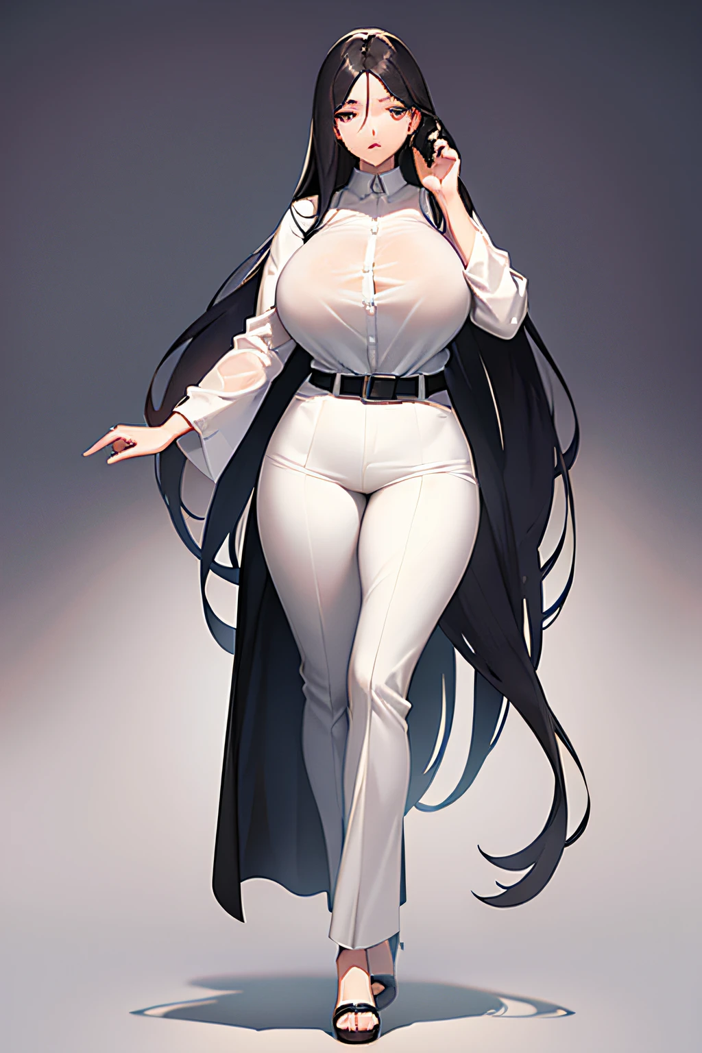 (one aged women),slightly open (extremely droopy almond eyes), authoritative look ,1:3 parted hair, hair intakes, long hair, mole near eye,((white shirt )),pants ,thick waist , ((full body ))