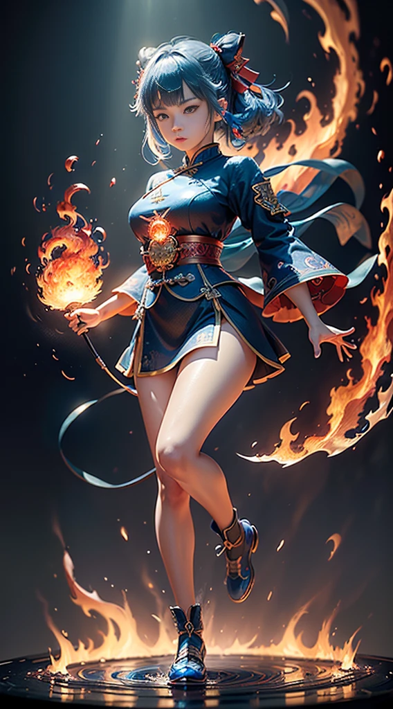 (Dynamic angle:1.4), ((Full body posing:1.5), (colorful:1.2), (extremely detailed CG unity 16k wallpaper:1.1), (Denoising strength: 1.45), (tmasterpiece:1.37), ((official art)), (colorful:1.2), Highest image quality, original, Delicate background, extremely detailed 8K wallpaper, volume lighting, bloom effect, cinematiclighting, light particles, Extremely uniform picture, highly detailed, 1 girl, solo, (full body:0.6), detailed background, kamisato ayaka, blunt bangs, hair bow, hair ribbon, red ribbon, light blue hair, mole under eye, (style-swirlmagic:0.8), solo, half shot, looking at viewer, detailed background, detailed face, (imperial chinese theme:1.1), [fire|water]-sorcerer, red [water|fire] themed clothing focusing, dynamic pose, casting [water|fire] spell, elemental mastery, blue flames, blue fire, surrounded by [water|fire] elemental harmony, merged fire and water, flames and, cinematic lighting, ray tracing, god rays, sparkle, glowing light, ((masterpiece)), ((best quality)), best quality, masterpiece, highres, UHD, award winning