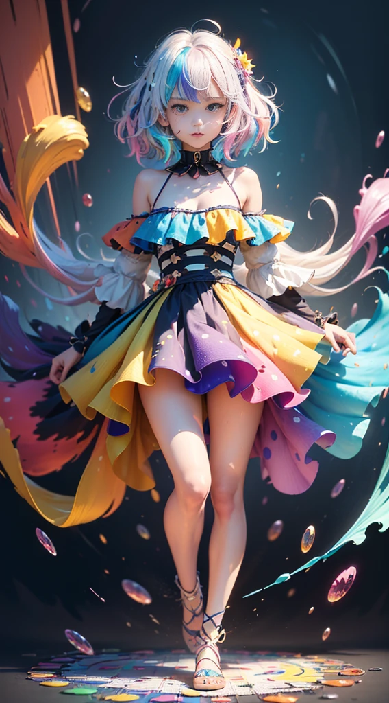 (Dynamic angle:1.4), ((Full body posing:1.5), (colorful:1.2), (extremely detailed CG unity 16k wallpaper:1.1), (Denoising strength: 1.45), (tmasterpiece:1.37), ((official art)), (masterpiece, top quality, official art, beautiful and aesthetic:1.2), colorful, abstract background, 1girl, realistic style with fantasy elements, detailed clothing, colorfulveil, ((ultra-detailed)), (dynamic angle), ((floating)), (paint), ((disheveled hair)), (solo), (1girl), loli, ((small_breasts)), (((detailed anima face))), ((beautiful detailed face)), collar, bare shoulders, white hair, ((colorful hair)), ((streaked hair)), beautiful detailed eyes, (Gradient color eyes), (((colorful eyes))), (((colorful background))), (((high saturation))), (((surrounded by colorful splashes))), (((surrounded by colorful dot))), colorful bubble, ((shining)), (illustration), best quality, (((masterpiece))), (((best quality)))