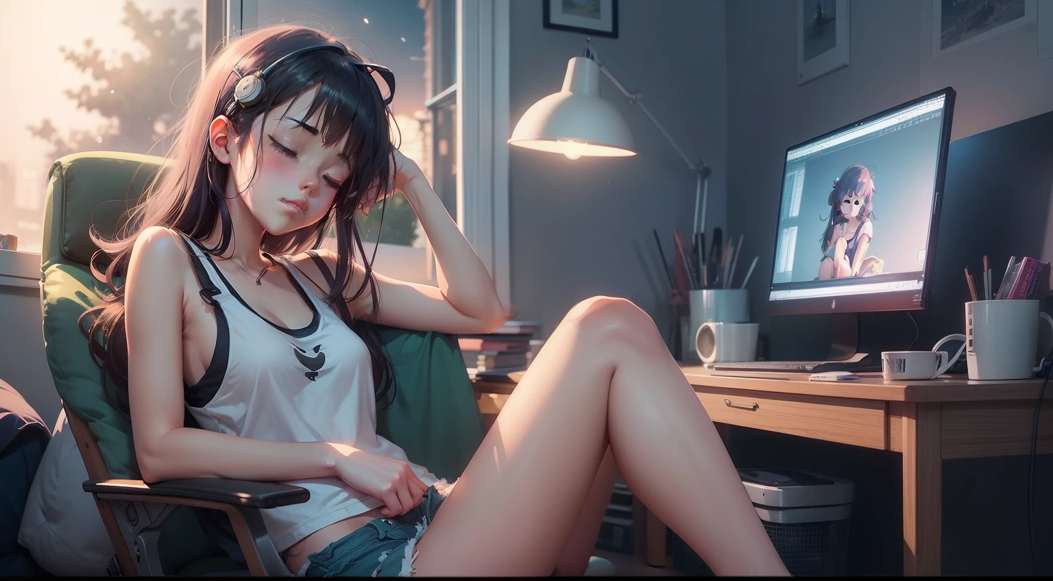 anime girl sitting in a chair fallen asleep in front of a computer, eyes closed, window on her side, wearing tank top, loose shorts, lofi girl, lofi art, soft anime illustration, relaxing concept art, nostalgic melancholic artwork, lofi artstyle, artwork in the style of guweiz, relaxing environment, lo-fi art, serene illustration, anime aesthetic, lofi feel, digital anime illustration, night time