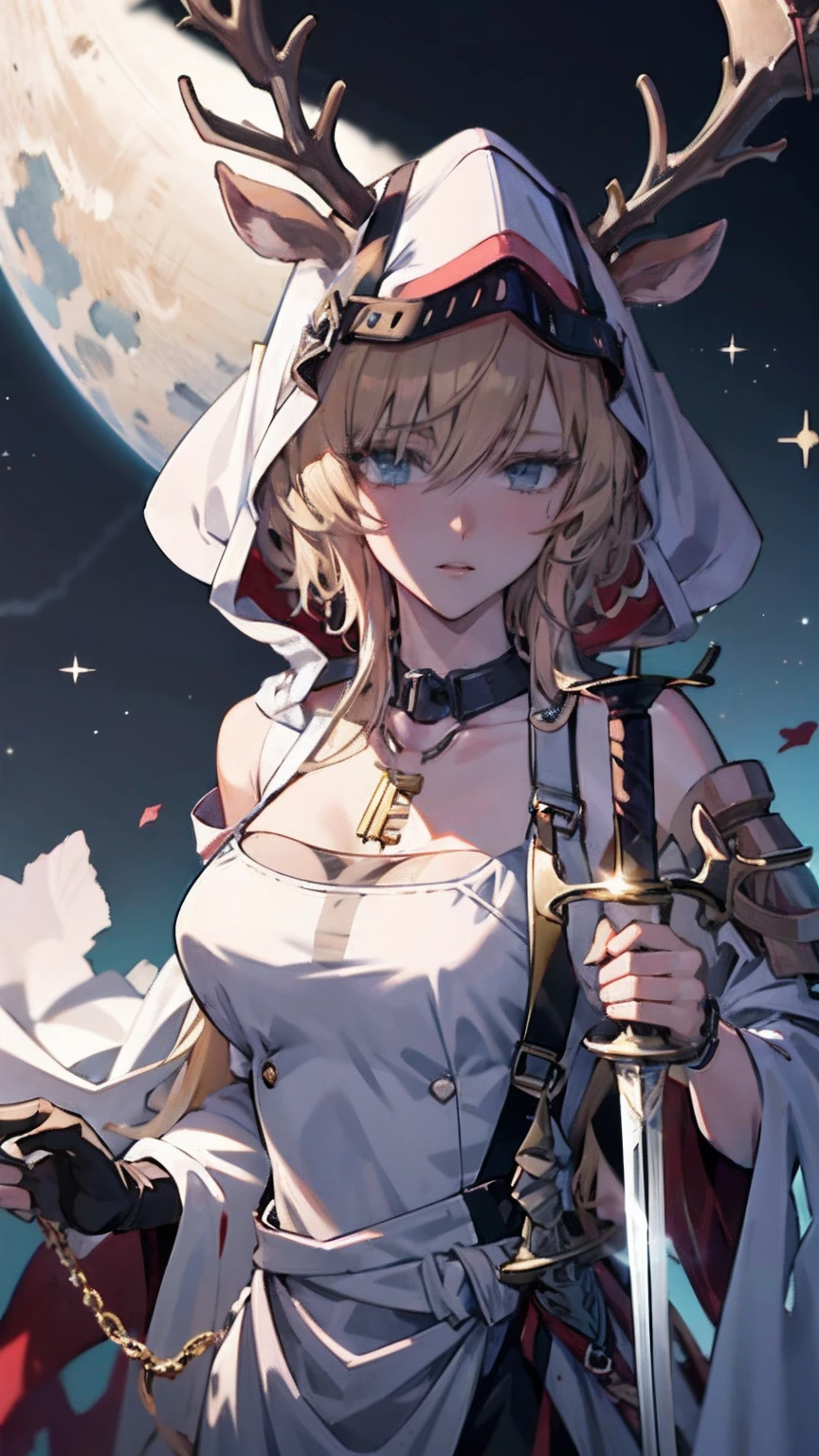 An anthropomorphic female deer woman with a sword and chain around her neck, Detailed key anime art, beautiful sword, holding a sword on her shoulder, Key anime art, detailed anime character art, highly detailed exquisite fanart, she is holding a sword, detailed anime art, anime key visual of elegant, clean and meticulous anime art, Detailed anime artwork, high detailed official artwork, Beautiful anime art