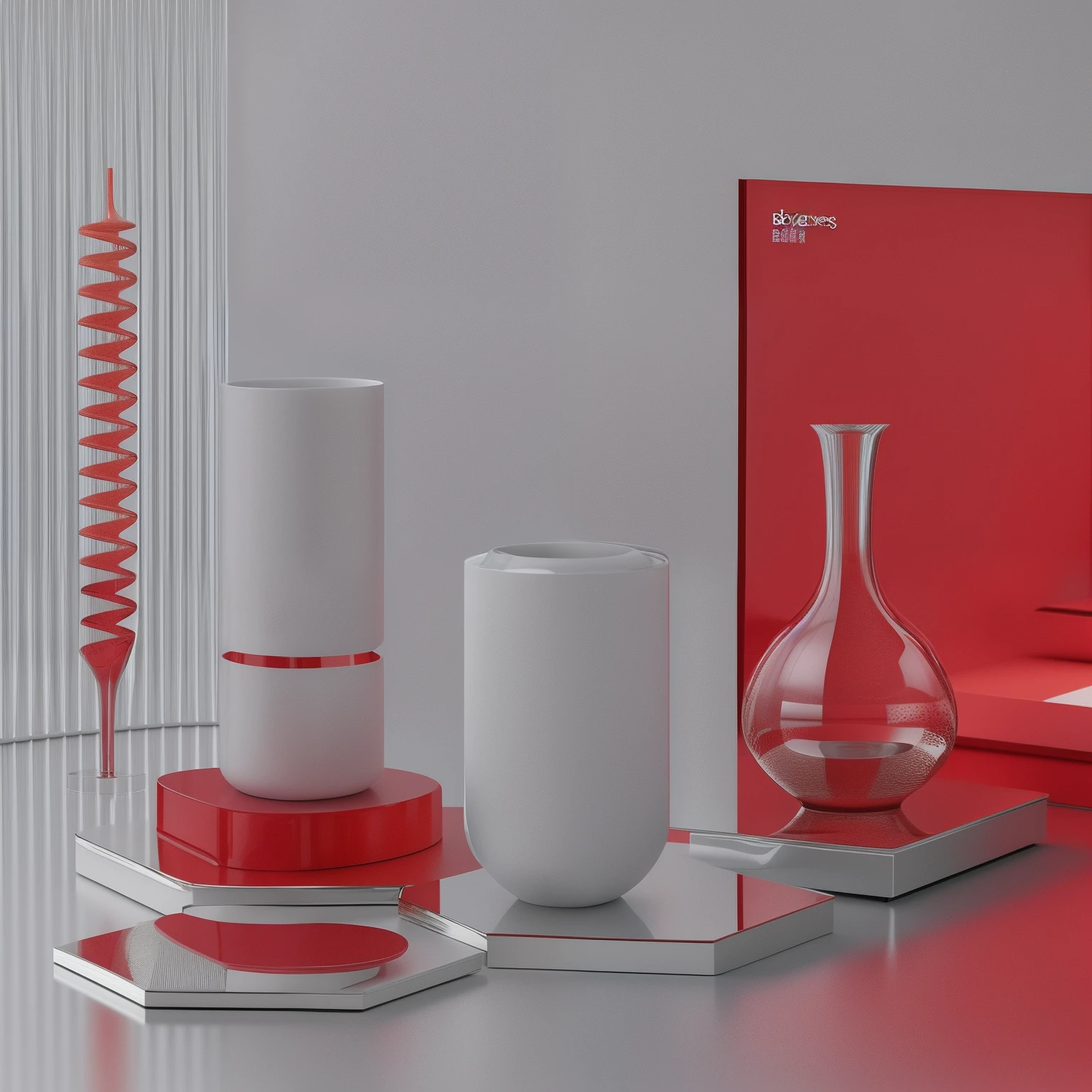 There are a lot of different items on the table, red realistic 3 d render, high quality topical render, 3 d product render, clean 3 d render, Product rendering, in style of 3d render, 3D illustration, 3 D 插图, product design render, White and red color scheme, hyperrealistic 3 d render, inspired by Herbert Bayer