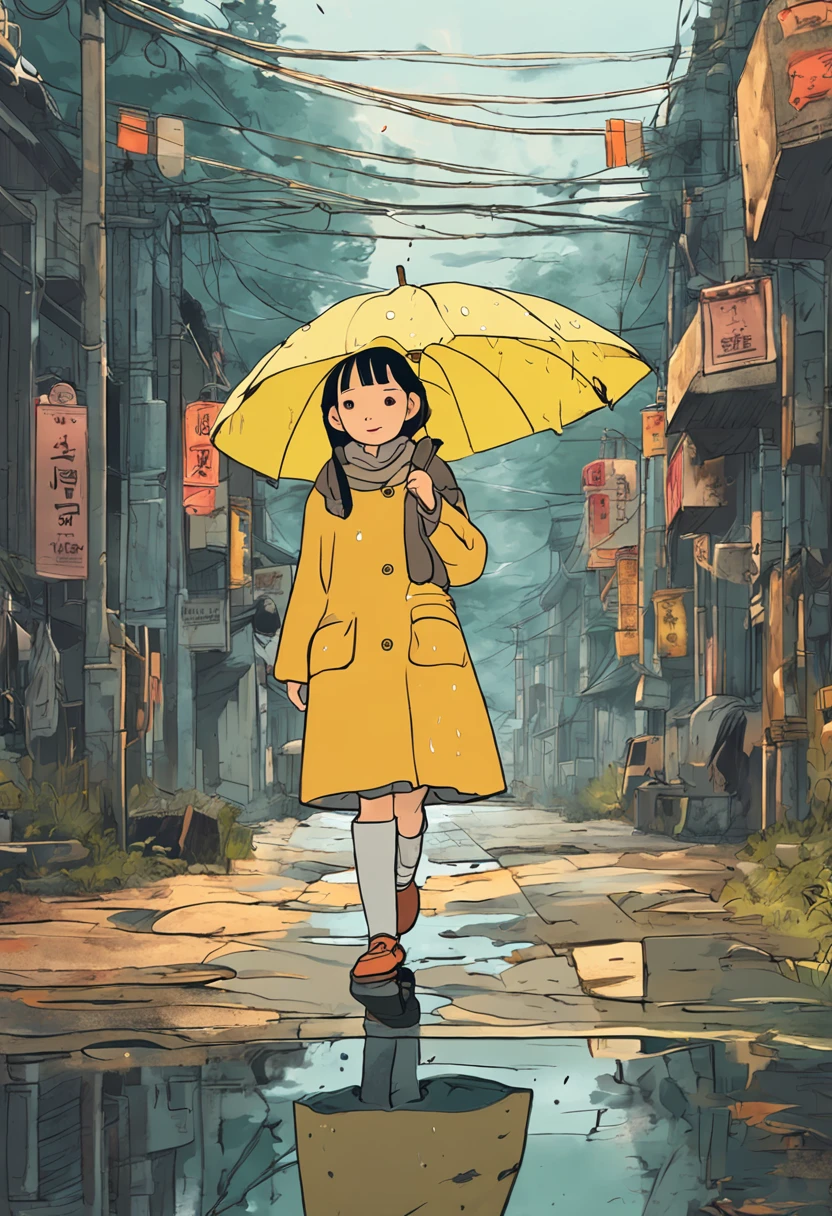 Hayao Miyazaki background,Korean Girl,Rainy days, Wearing a yellow umbrella