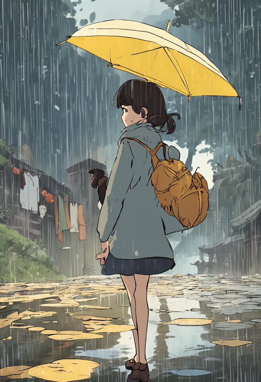 Hayao Miyazaki background,Korean Girl,Rainy days, Wearing a yellow umbrella