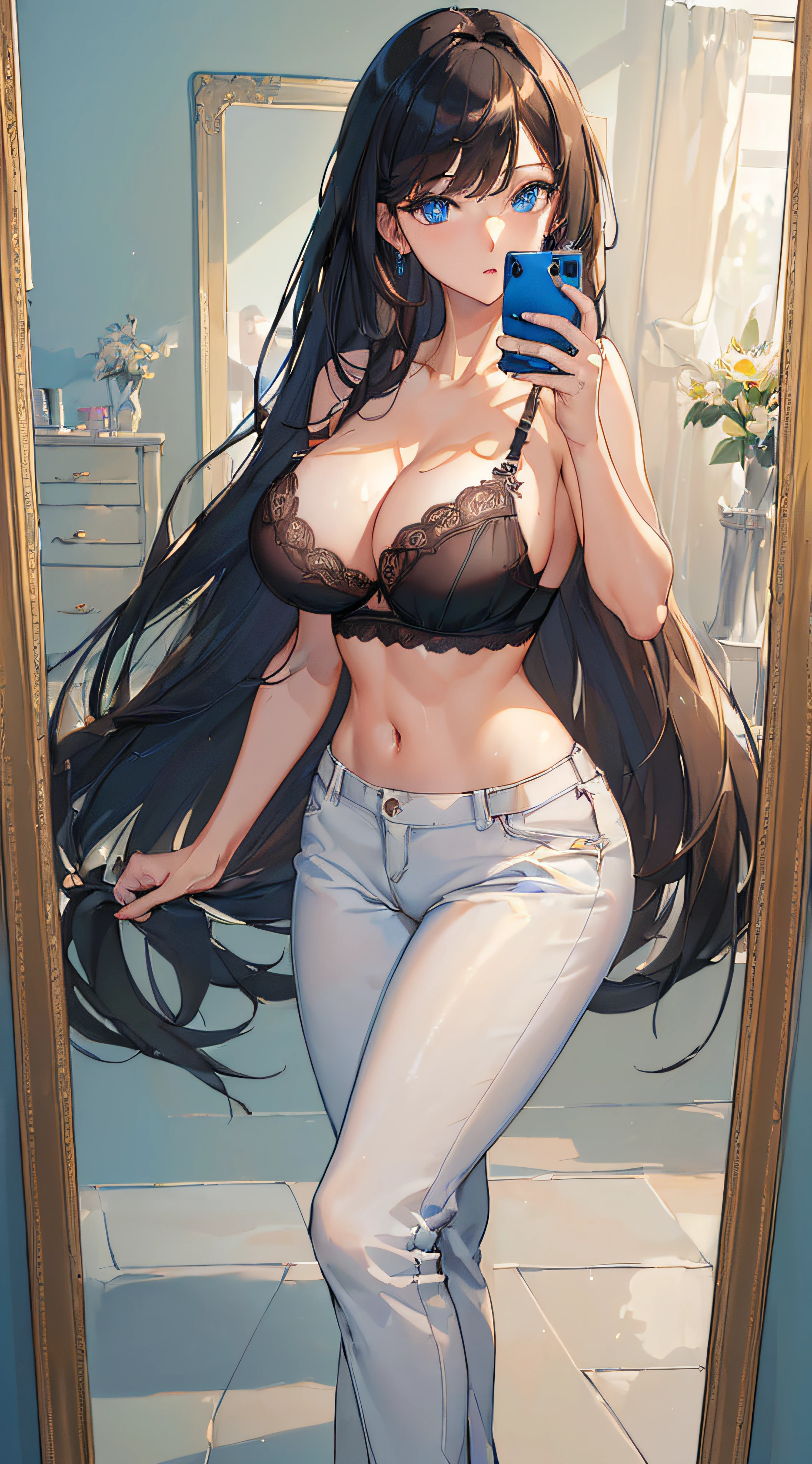 (((Clean, Masterpiece, Best quality, highly detailed, Professional, HD,HDR,UHD,16K))), ung_woman, (solo), mature and sexbig breasts:1.2), black long hair, straight hair, bangs, expressive eyes, (blue eyes:1.3), (black bra top), (pants), (mirror selfie:1.3), (holding a phone)