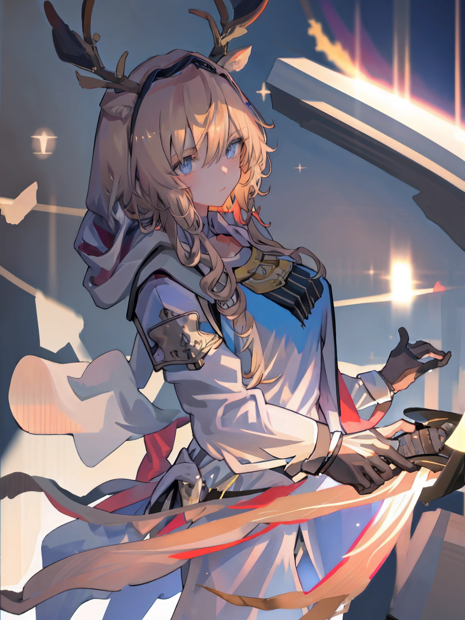 tmasterpiece,best qualtiy,A high resolution,独奏,
Original costume 1,Light armor,1girll,独奏,mitts,armour,ssmile,chest plate,deer ears,looking at viewert,Blushlush,pony tails,((v)),hair bow,fur-trim,Bow knot,Black bow,By bangs,cloaks,The upper part of the boep one's mouth shut,hair between eye,V-shapped eyebrows,Purple gloves,Plate armor
blond