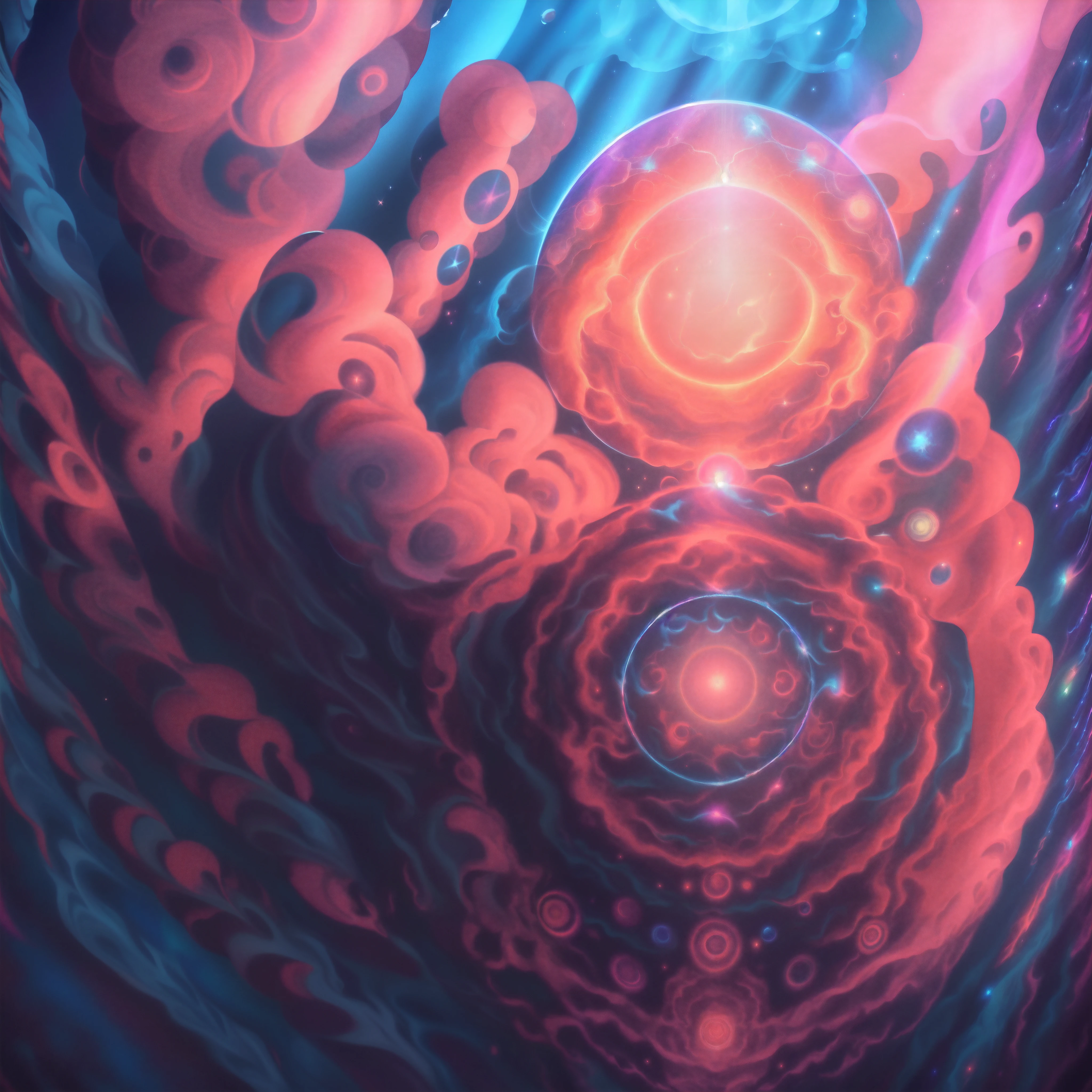 (((masterpiece))), best quality, still film, 1 cloud, floating in the sky, close-up, bright, soft and warm lighting, sunset (Sparks: 0.7) Huge cosmic ocean, with marble, hexagonal Fractal patterned and symmetrical rainbow blurred colours under a psychedelic space starry night of rainbow marble game.