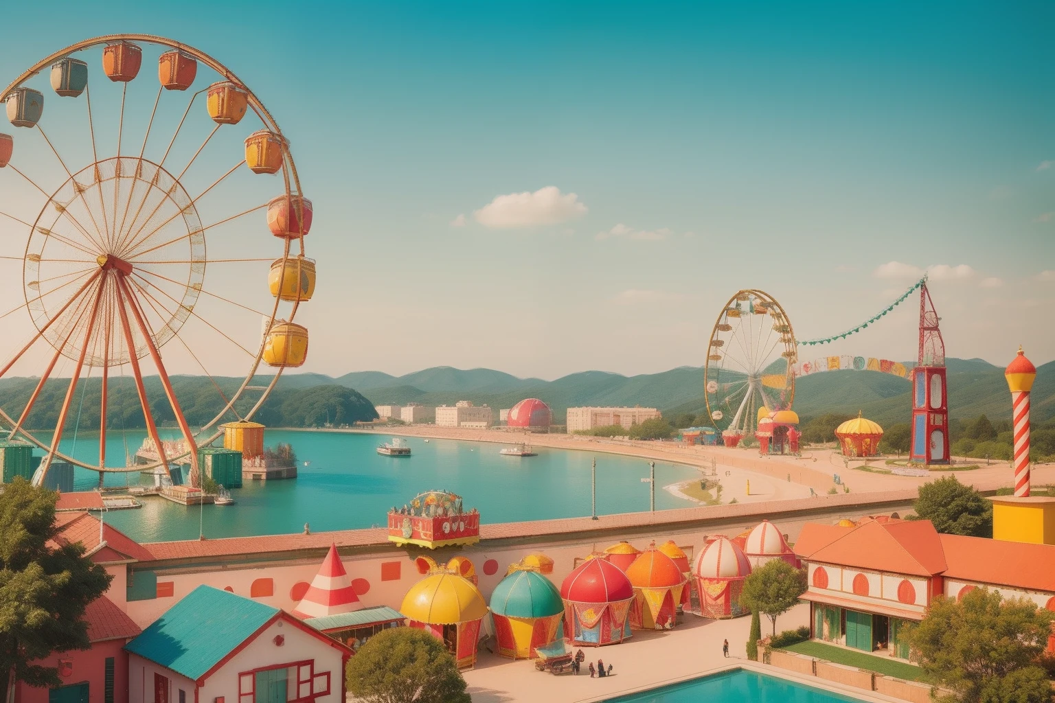 On the outskirts of a Wes Anderson carnival, an enormous, candy-colored Ferris wheel rises above the landscape, its rotating carriages offering panoramic views of a surreal dreamscape.