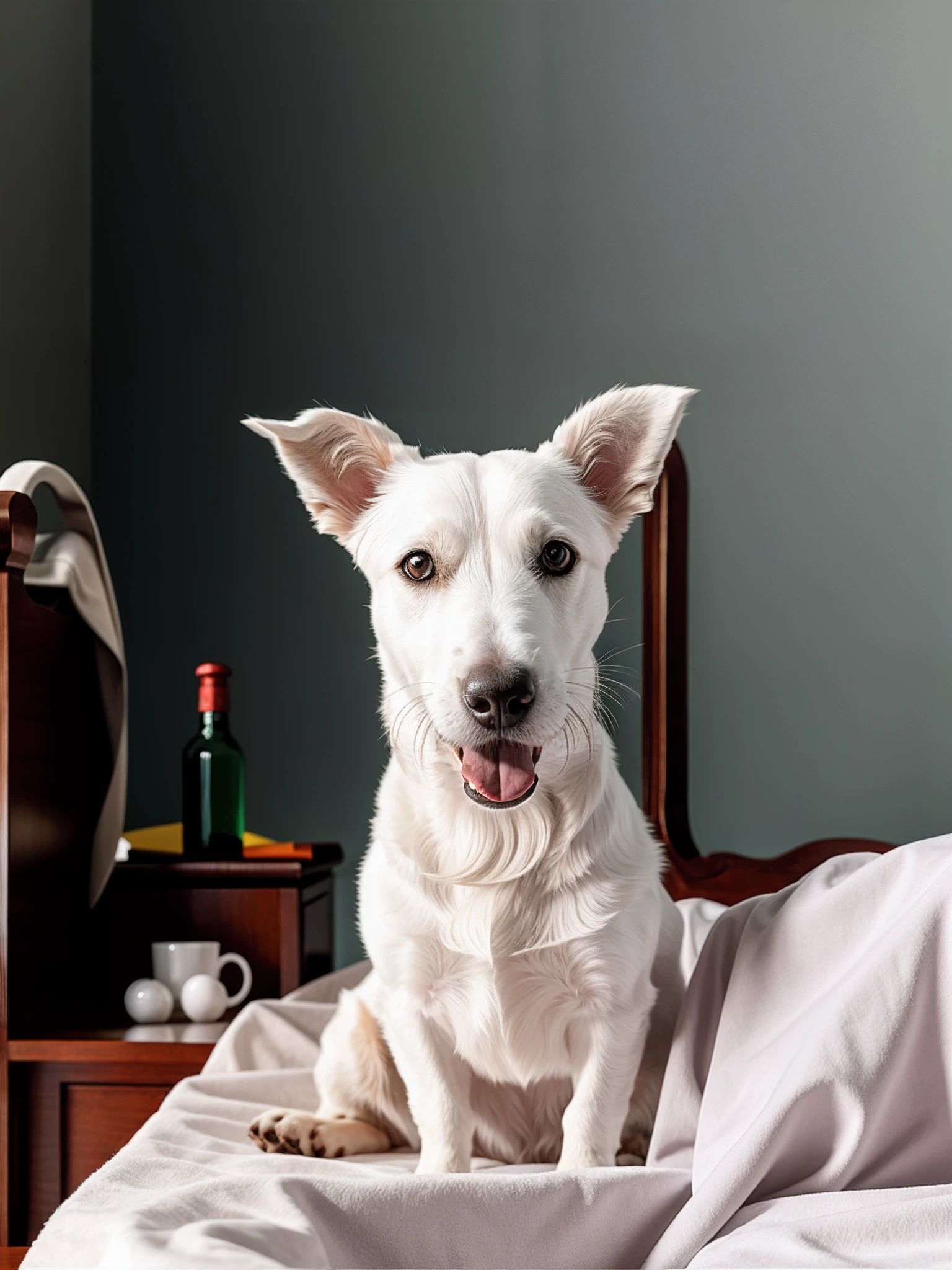 There is a white dog sitting on a bed with a blanket, Pose frontal, peludo bonito precisa de sua ajuda, happily smiling at the camera, Jack Russel Terrier surpreendido, staring directly at camera, 2 5 I, front facing the camera, 1 8 I, Jack Russel Terrier, aw, young handsome pale roma, imagem frontal, mateus 9 5, 20 anos
