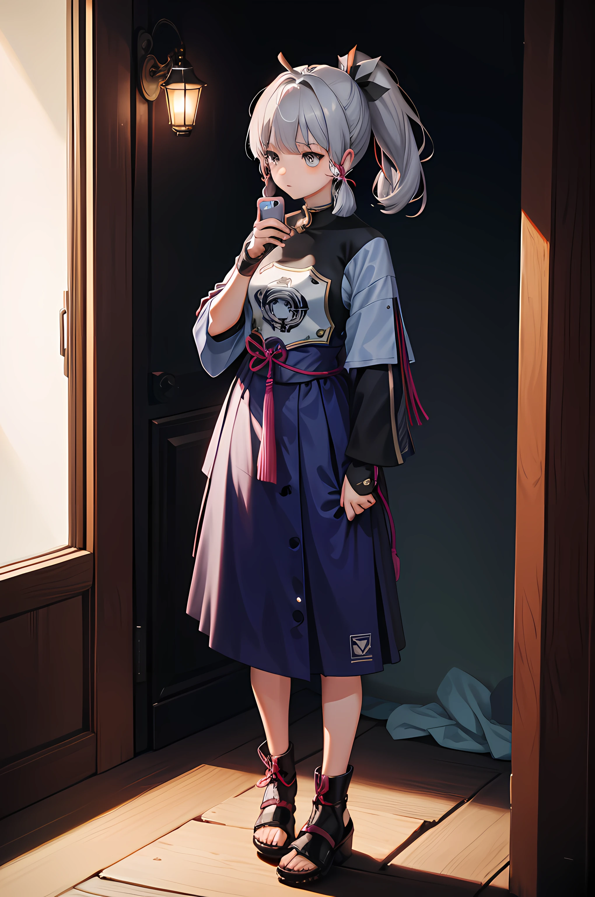 the night,1girls solo,Gray hair single ponytail,校服,standing on your feet,full bodyesbian,Holding a phone in one hand,talking on phone,Solitude,The expression is lonely,lamplight,High bitrate 4K,Full body photos are not cropped