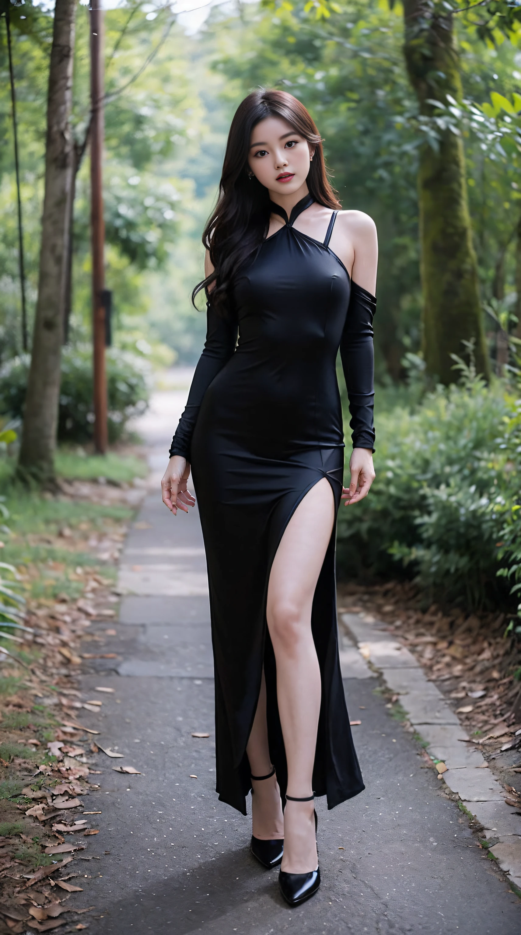 arafed woman in black lingersuit posing in a forest, a picture inspired by Liu Haisu, Tumblr, arabesque, wearing a tight black dress, full-body xianxia, spellbinding,spellbinding, gorgeous chinese models, stunning elegant pose, Wearing a black dress, Dressed in black, elegant seducing pose, she wears a black dress, Chinese girl,Wear sexy high heels,((Pantyhose)),Ray tracing