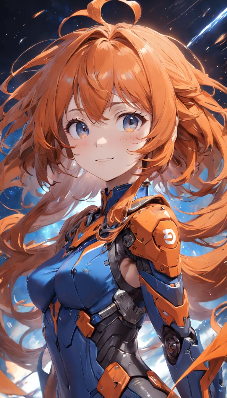 (Dynamic angle:1.4), ((Full body posing:1.5), (colorful:1.2), (extremely detailed CG unity 16k wallpaper:1.1), (Denoising strength: 1.45), (tmasterpiece:1.37), ((official art)), (masterpiece, top quality, official art, beautiful and aesthetic, in center, face front:1) a girl, smile, close-up portrait, and a machine he was using, in the style of orange complexity, dark orange and light gray, abstract-creation, elaborate costumes, crimson and green hair, dark blue winds, cumulonimbus, girls, sapphire, dramatic effects, sense of space, meteors, night sky, Close-up, (masterpiece), best quality