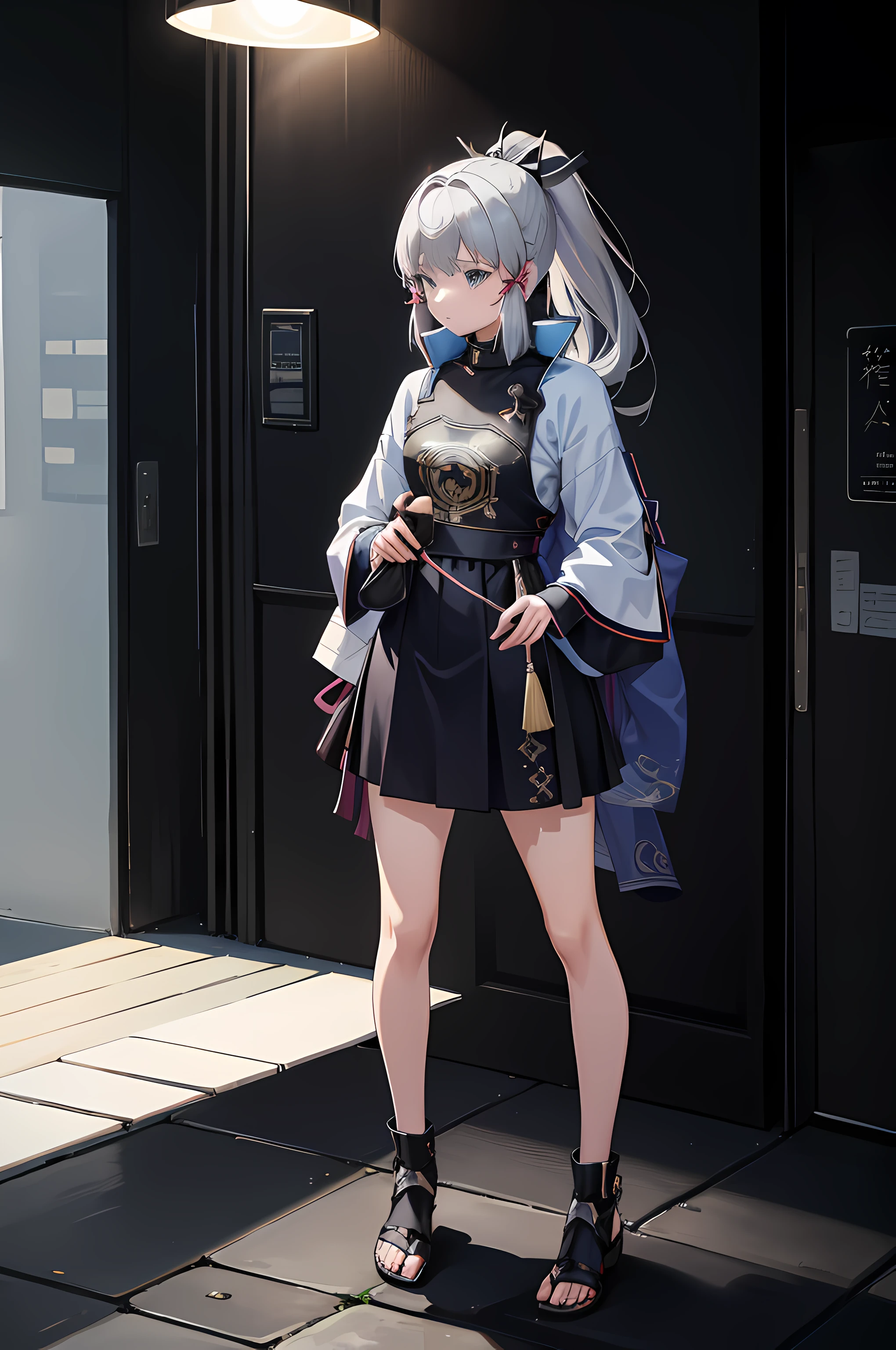 the night，1girls solo，Gray hair single ponytail，校服，standing on your feet，full bodyesbian，Holding a phone in one hand，talking on phone，Solitude，The expression is lonely，lamplight，High bitrate 4K，Full body photos are not cropped