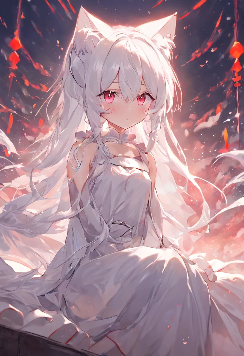 Extremely detailed CG unified 8K wallpaper、very fine 8KCG wallpaper、Anime girl sitting on big soft bed,There are cat ears on the head, white dresses!! silber hair,Red pupil eyes, cute anime waifu in a nice dress,, White-haired god, gray-haired girl, Perfect girl with white hair, Güvez on Pisif Art Station, whaite hair, Long flowing white hair,Huhu is a very cute face,This is a cute sweet girl,bit girl
