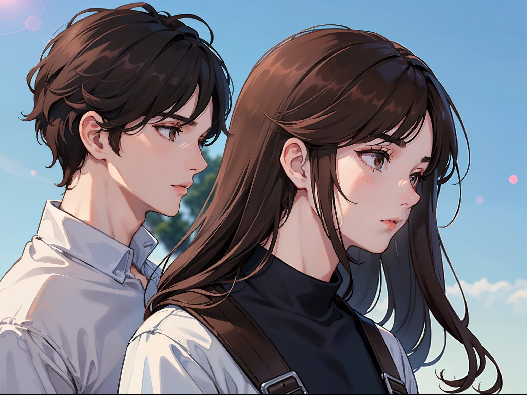 1male people,(A dark-haired:1.4)(profile、Staring into the distance:1.2)(The upper part of the body), 1womanl,(brown haired:1.4)(profile、Staring at a man:1.2)(The upper part of the body), clean blue sky,(Background bokeh:1.2)