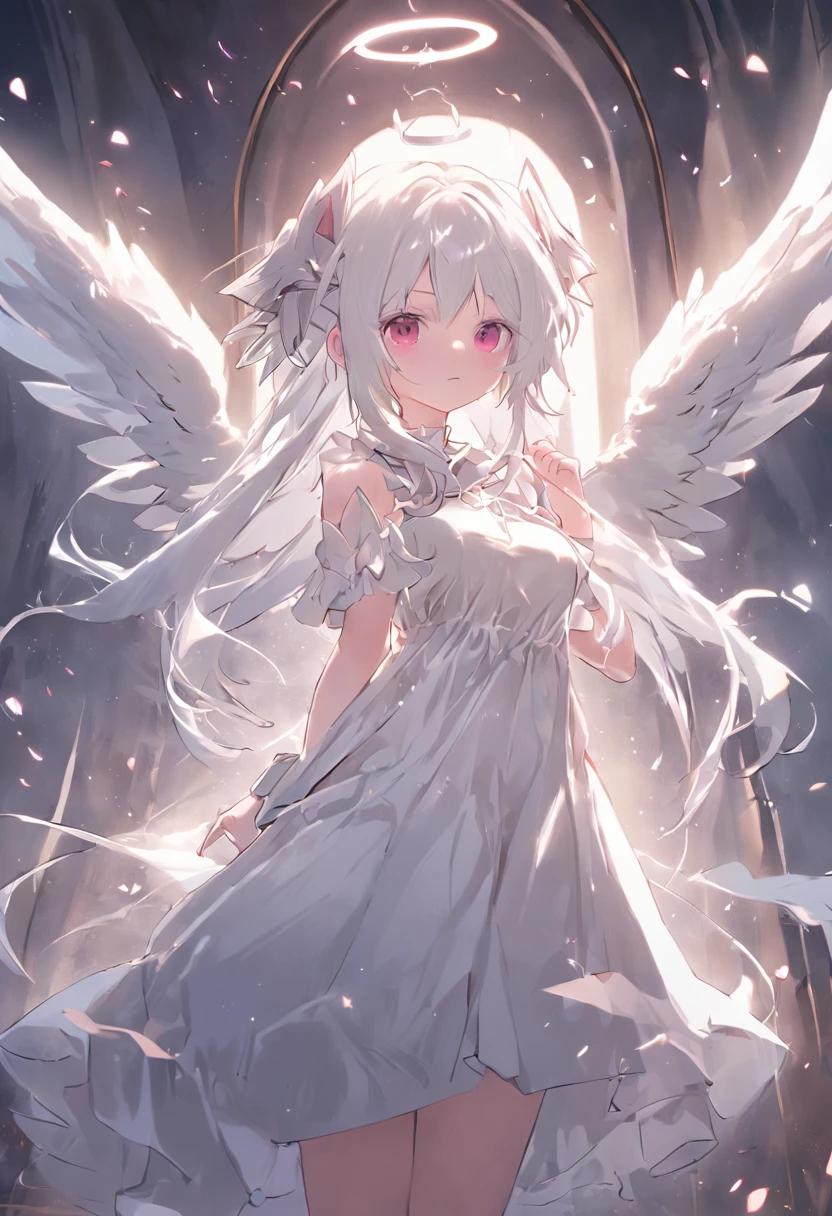Extremely detailed CG unified 8K wallpaper、very fine 8KCG wallpaper、Anime girl standing in the sanctuary,Pray with both hands,the angel's wings,There are cat ears on the head, white dresses!! silber hair,Red pupil eyes, cute anime waifu in a nice dress,, White-haired god, gray-haired girl, Perfect girl with white hair, Güvez on Pisif Art Station, whaite hair, Long flowing white hair,Huhu is a very cute face,This is a cute sweet girl,bit girl
