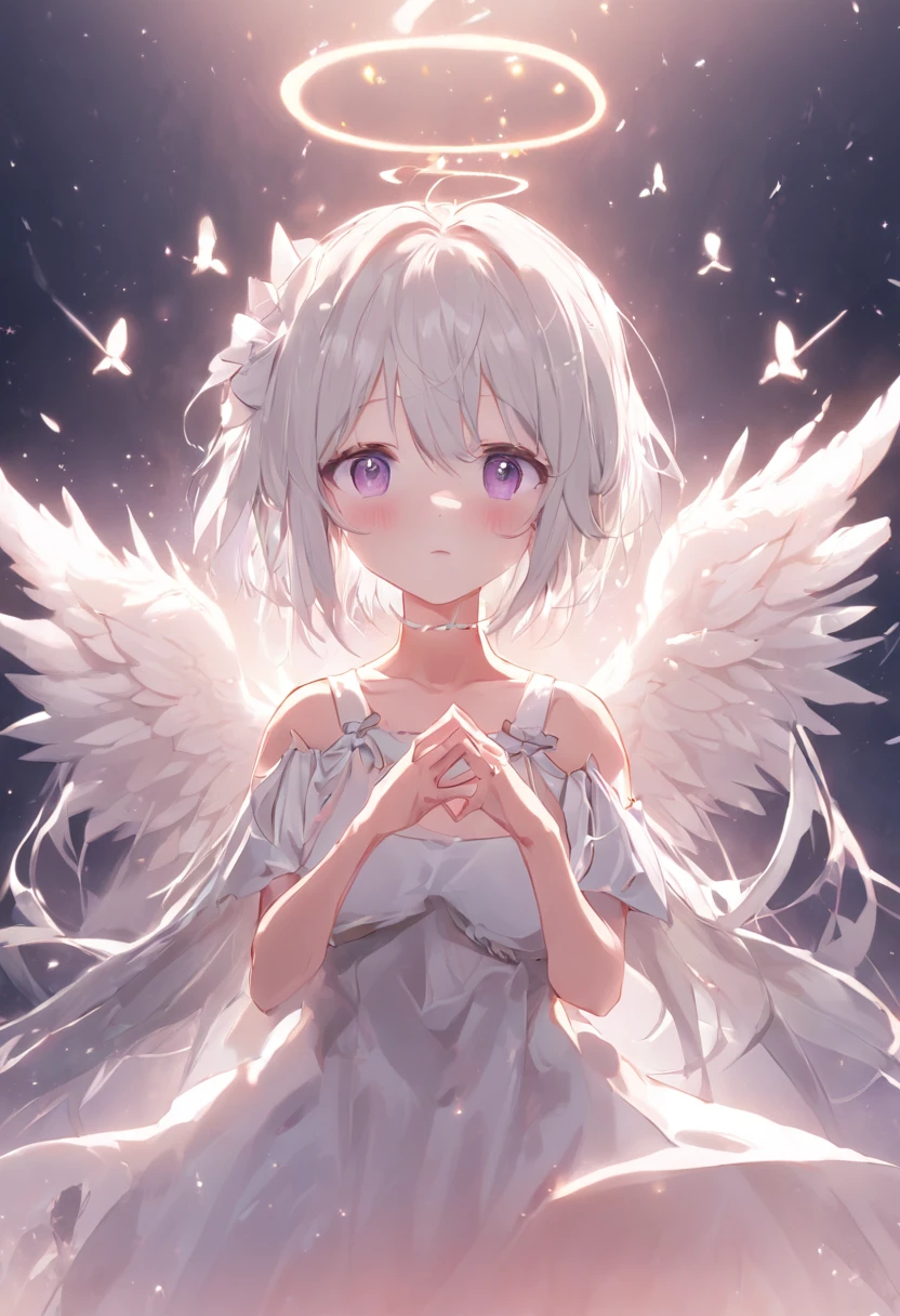 Extremely detailed CG unified 8K wallpaper、very fine 8KCG wallpaper、Anime girl standing in the sanctuary，Pray with both hands，the angel's wings，There are cat ears on the head, white dresses!! silber hair,Red pupil eyes， cute anime waifu in a nice dress,, White-haired god, gray-haired girl, Perfect girl with white hair, Güvez on Pisif Art Station, whaite hair, Long flowing white hair，Huhu is a very cute face，This is a cute sweet girl，bit girl