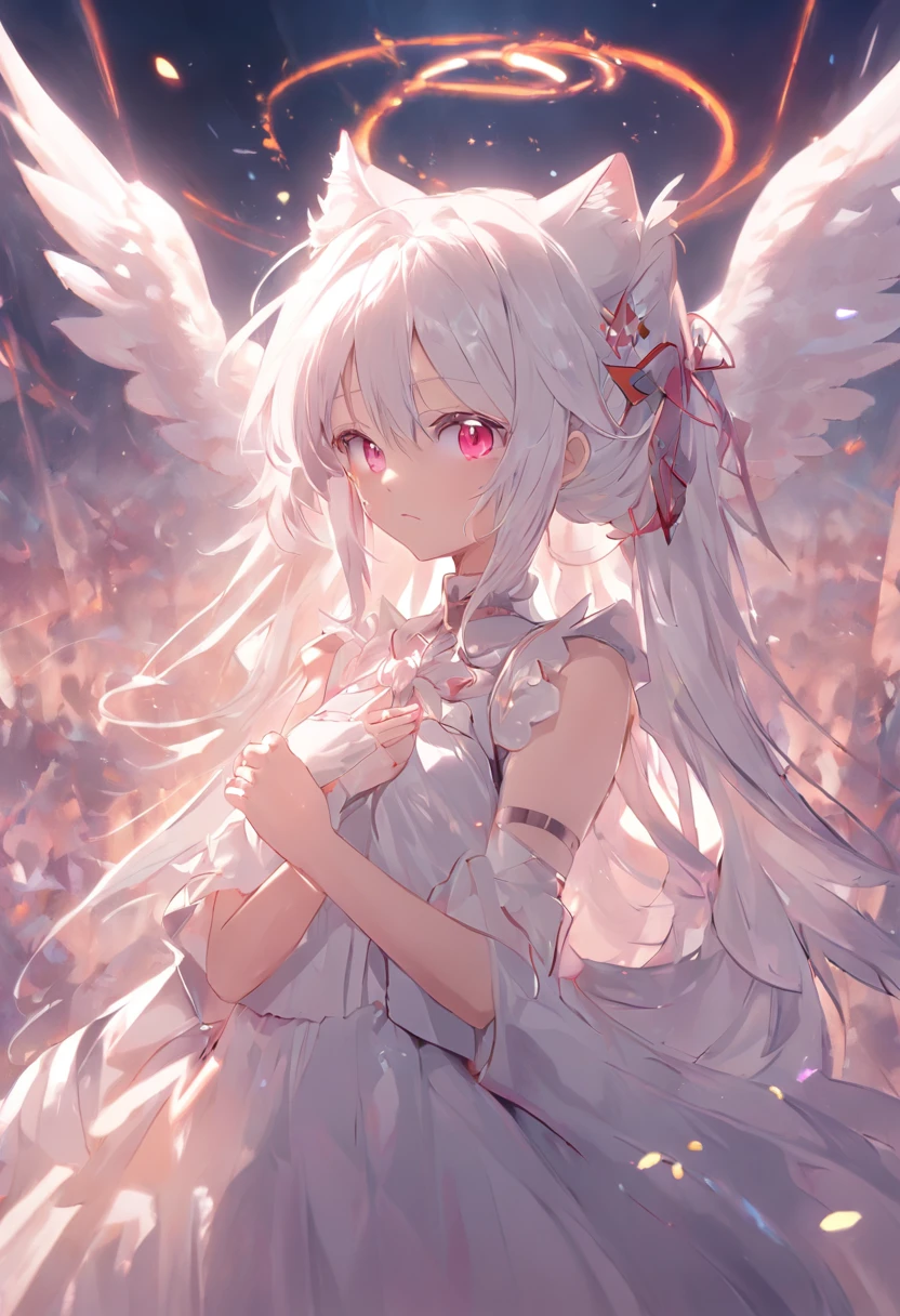 Extremely detailed CG unified 8K wallpaper、very fine 8KCG wallpaper、Anime girl standing in the sanctuary，Pray with both hands，the angel's wings，There are cat ears on the head, white dresses!! silber hair,Red pupil eyes， cute anime waifu in a nice dress,, White-haired god, gray-haired girl, Perfect girl with white hair, Güvez on Pisif Art Station, whaite hair, Long flowing white hair，Huhu is a very cute face，This is a cute sweet girl，bit girl