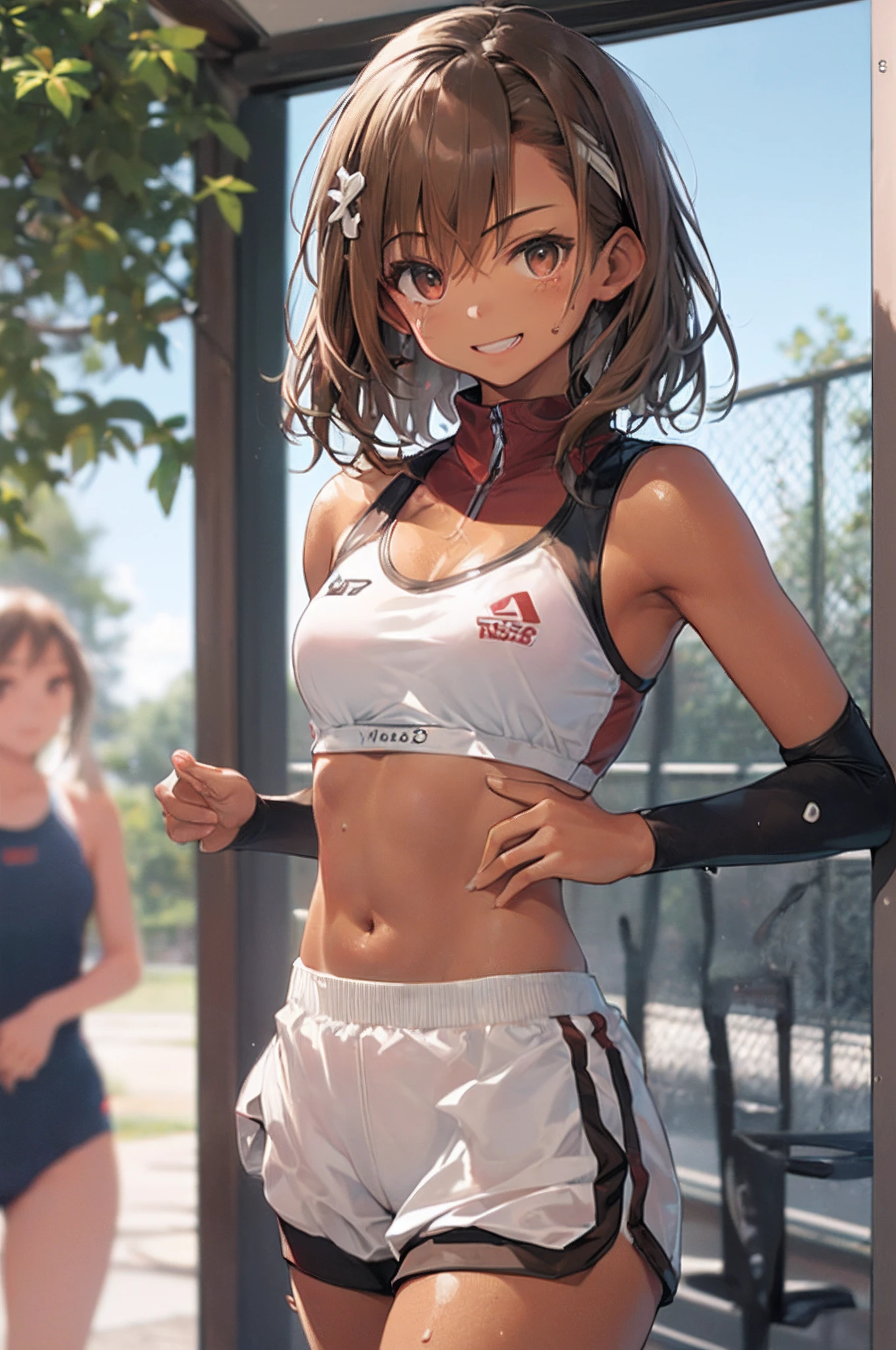 top-quality　Misaka Mikoto　Junior High School Bra　Beige shorts　　　　Cool look　　small tits　　１６age　　in the room　sexypose　Miwaki　Armpit sweat　sodden　　Ecstasy face((masutepiece)), (1 girl:2.0), (extra detailed face, Smiling), Short haircut, Brown hair, Petite, (Thin Build), (a japanese girl), ((Athletics Club Member, Long-distance runner)), Slightly round face, (Tanned brown face:1.6), Cute, Big eyes