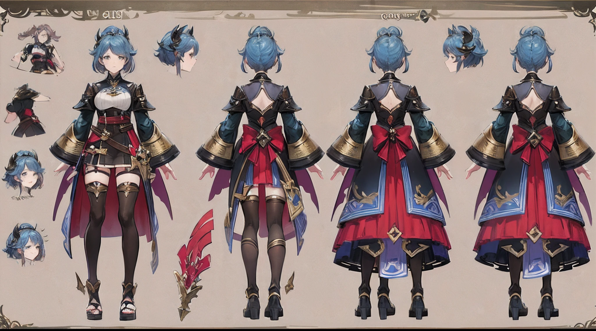 character reference sheet, 1 woman, 20 years old, ((granblue fantasy character)), wearing blade and soul and granado espada hybrid costume, complete full body, character design sheet, ((1 front perspective view, 1 front view and 1 back view only)) light colors themed costume design, symmetrical elements in costume, costume simulation detection like in CLO, marvelous designer, 8k resolution, ultra high definition image output