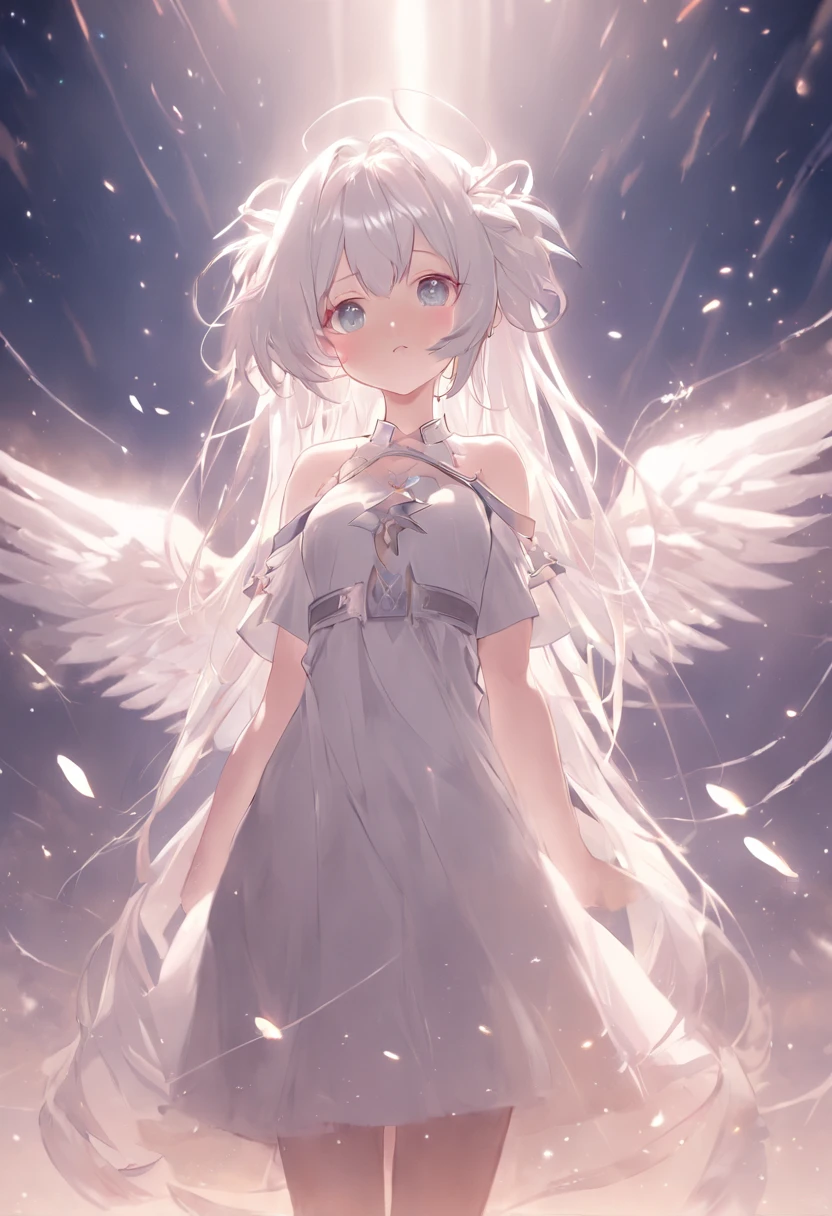 A girl with long white hair and angel wings standing in the snow ...