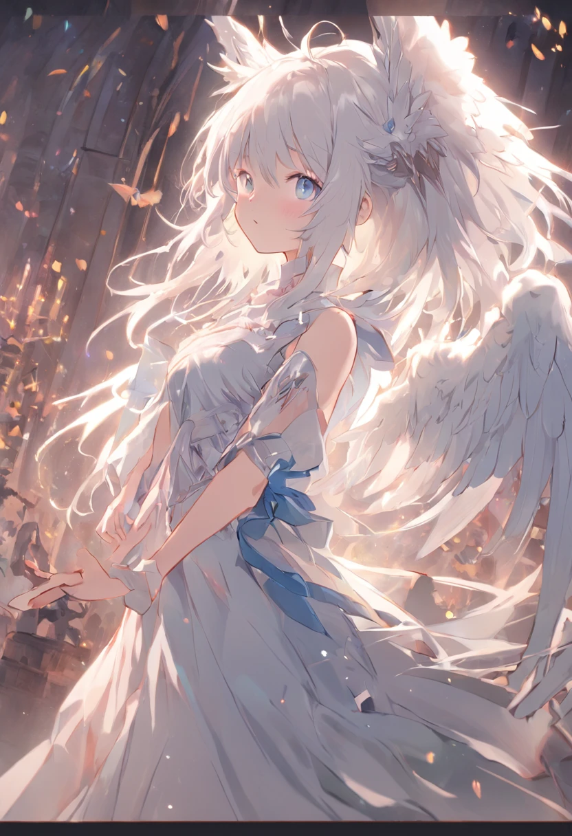 Extremely detailed CG unified 8K wallpaper、very fine 8KCG wallpaper、Anime girl standing in the sanctuary,Pray with both hands,the angel's wings,There are cat ears on the head, white dresses!! silber hair,blue color eyes, cute anime waifu in a nice dress,, White-haired god, gray-haired girl, Perfect girl with white hair, Güvez on Pisif Art Station, whaite hair, Long flowing white hair,Huhu is a very cute face,This is a cute sweet girl,bit girl