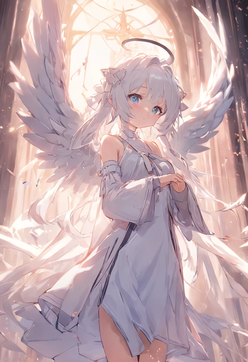 Extremely detailed CG unified 8K wallpaper、very fine 8KCG wallpaper、Anime girl standing in the sanctuary，Pray with both hands，the angel's wings，There are cat ears on the head, white dresses!! silber hair,blue color eyes， cute anime waifu in a nice dress,, White-haired god, gray-haired girl, Perfect girl with white hair, Güvez on Pisif Art Station, whaite hair, Long flowing white hair，Huhu is a very cute face，This is a cute sweet girl，bit girl