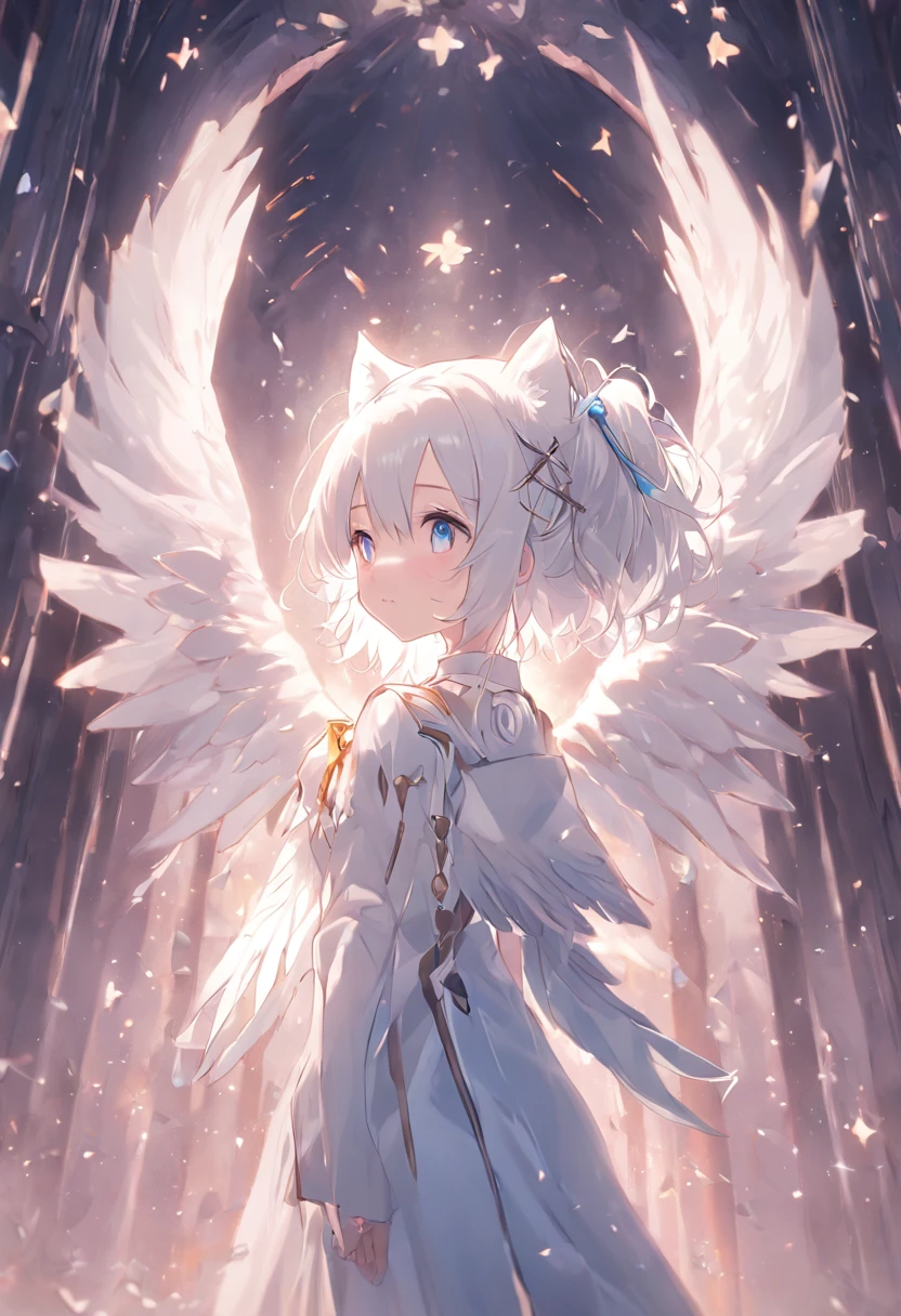 Extremely detailed CG unified 8K wallpaper、very fine 8KCG wallpaper、Anime girl standing in the sanctuary，Pray with both hands，the angel's wings，There are cat ears on the head, white dresses!! silber hair,blue color eyes， cute anime waifu in a nice dress,, White-haired god, gray-haired girl, Perfect girl with white hair, Güvez on Pisif Art Station, whaite hair, Long flowing white hair，Huhu is a very cute face，This is a cute sweet girl，bit girl