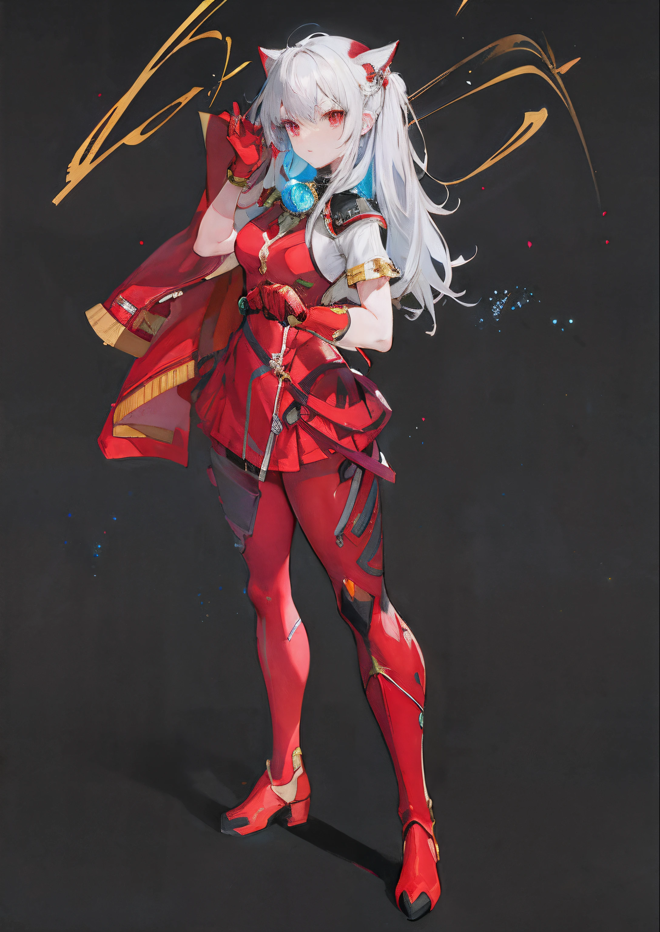 Anime characters wearing red costumes and holding red coats, Cat-eared girl, Golden pupils, asuka suit, full body concept, A high resolution, Beautiful fanart, fighting game character, silver trinkets, detailed full-body concept, anime style character, portrait of a female anime hero, Fighting posture --auto
