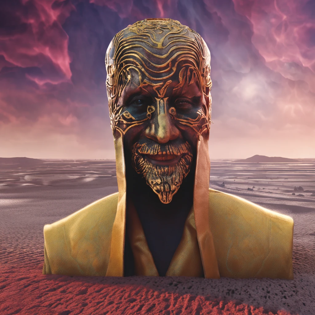 There is a smiling man in the center of the image with his eyes blindfolded by a cloth.