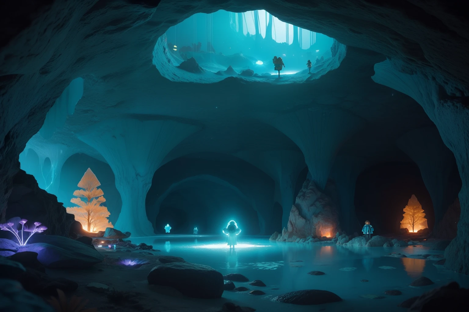 In a Wes Anderson-inspired cavern, colossal, bioluminescent crystals illuminate the subterranean landscape, casting an ethereal glow on tiny explorers who wander in wonder.