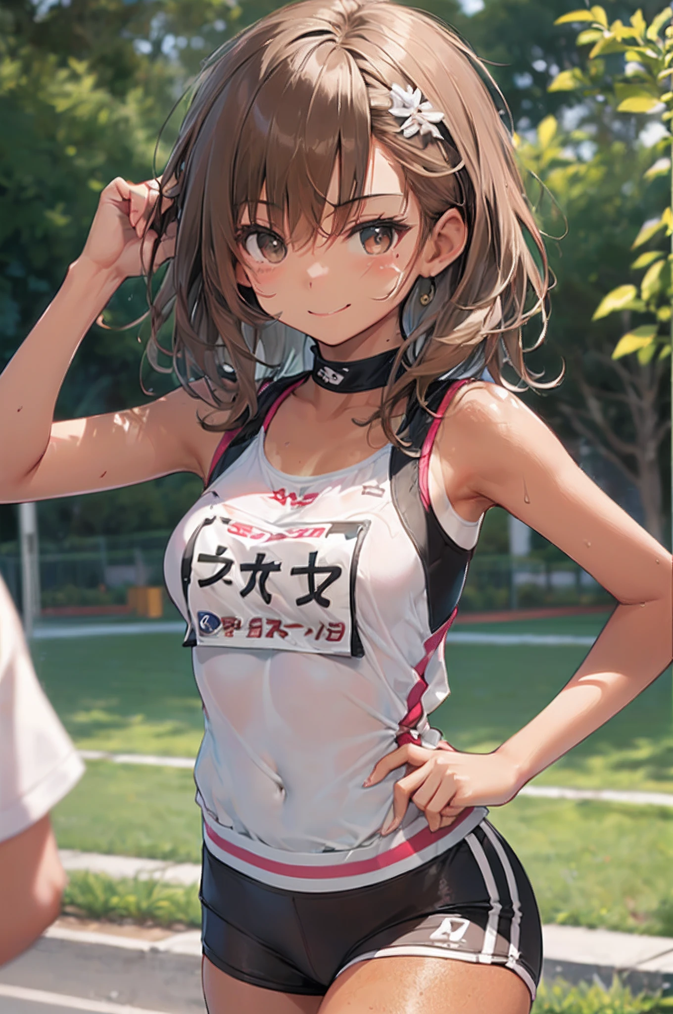 top-quality　Misaka Mikoto　 School Bra　Beige shorts　　　　Cool look　　small tits　　１６age　　in the room　sexypose　Miwaki　Armpit sweat　sodden　　Ecstasy face((masutepiece)), (1 girl:2.0), (extra detailed face, Smiling), Short haircut, Brown hair, Petite, (Thin Build), (a japanese girl), ((Athletics Club Member, Long-distance runner)), Slightly round face, (Tanned brown face:1.6), Cute, Big eyes