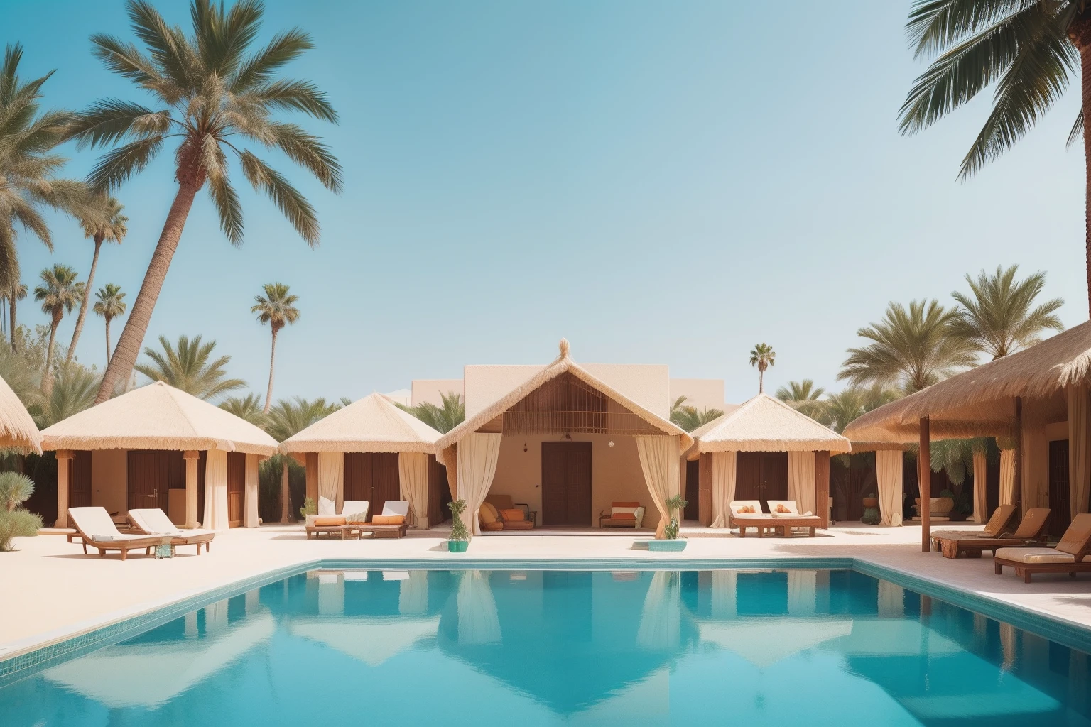 In a Wes Anderson desert oasis, an expansive pool of emerald water lies surrounded by palm trees and opulent cabanas, a surreal paradise amidst the arid sands.