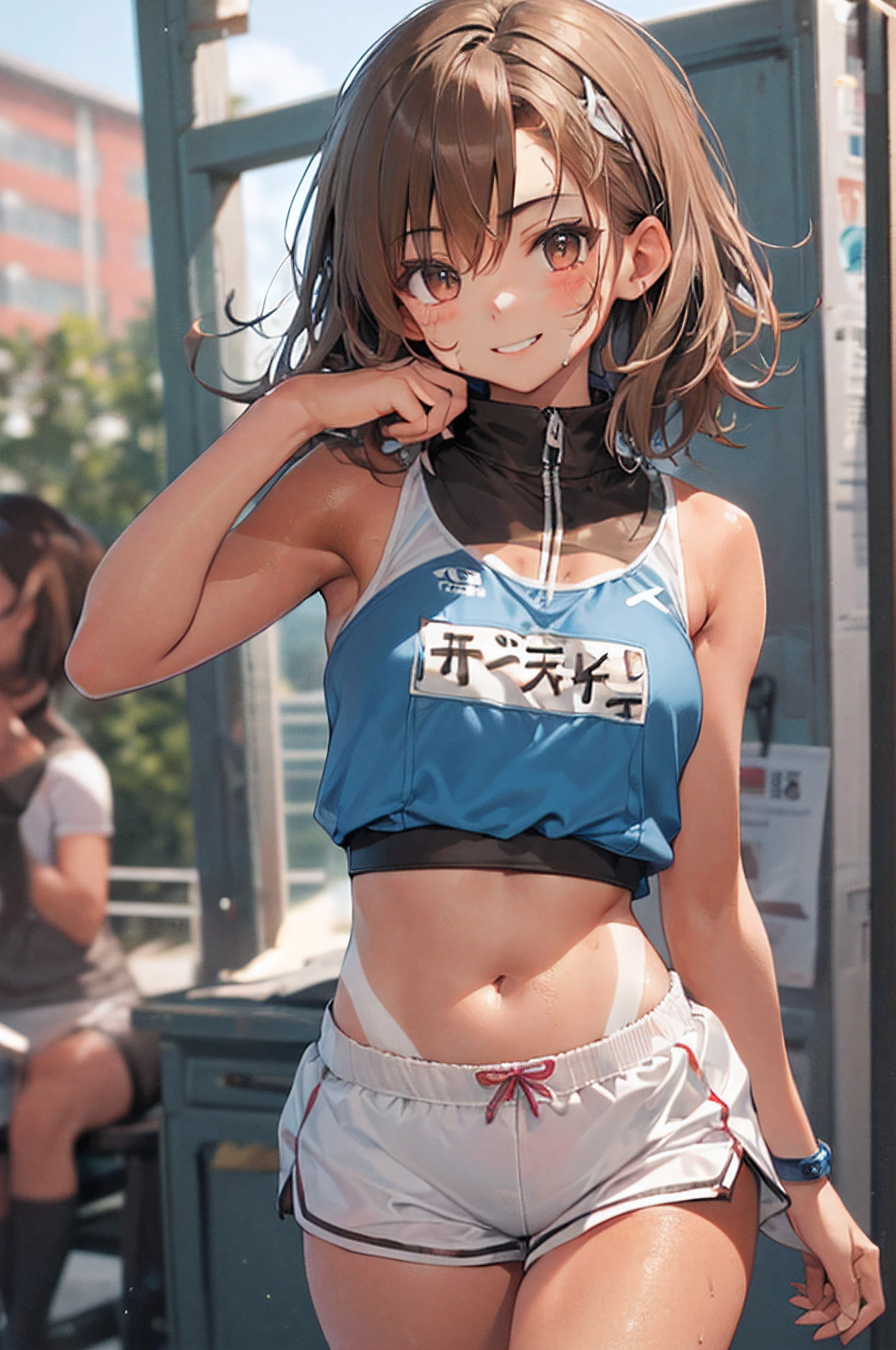 top-quality　Misaka Mikoto　 School Bra　Beige shorts　　　　Cool look　　small tits　　１６age　　in the room　sexypose　Miwaki　Armpit sweat　sodden　　Ecstasy face((masutepiece)), (1 girl:2.0), (extra detailed face, Smiling), Short haircut, Brown hair, Petite, (Thin Build), (a japanese girl), ((Athletics Club Member, Long-distance runner)), Slightly round face, (Tanned brown face:1.6), Cute, Big eyes