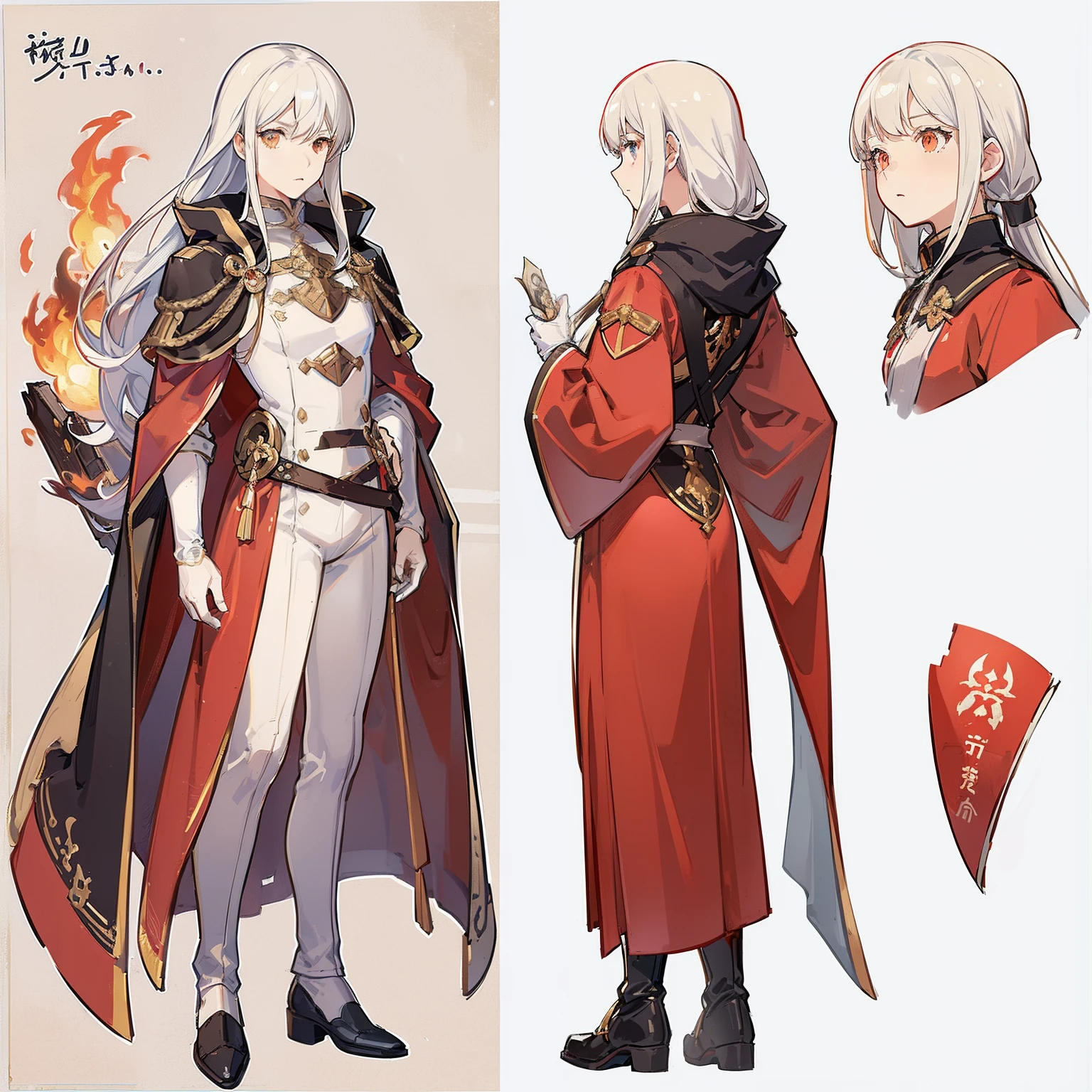 (masuter piece,Best Quality,Ultra-detailed), (A detailed face), ((Character Sheet:1.2)), blonde eyes,(White hair:1.1),The long-haired, Two-tone hair,body suit,Black and red cloak, flat-chest, Dagger decoration,(Fire Emblem), girl with, the same character