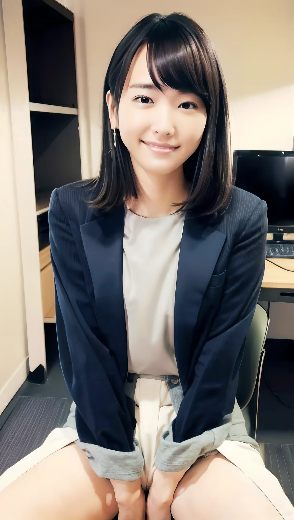 ((Best Quality, 8k, Masterpiece: 1.3)), (close up:0.75), Photorealistic, Sharp Focus, High Quality, High Definition, Portrait, Portrait, 1 Japan Beautiful Person, Middle Aged Woman, Business Suit, 43 Years Old, Plump, (wearing blazer and white shirt and mini skirt), ((Light from slits of locker)), Smile, Wavy Hair, Wrinkles at the corners of the eyes, have a crumpled tissue, Squatting, Office, Dark Locker,