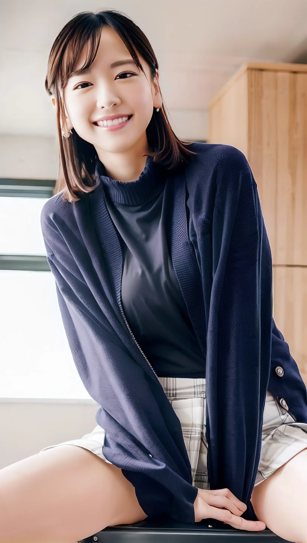 masutepiece, Best Quality, hight resolution, 1girl in, Japanese,(close up:1.2),Smile, tareme,from the rear, Skirt suit, Walking hand in hand,Reaching out, Office、top-quality,Photorealsitic,8K,hight resolution,1girl in,femele,realisitic,realisitic,(moderately sized udder:1.1)s Office,((The upper body must only wear a suit jacket)),((Panty underwear in the crotch area is visible)),(Boldly wind up the mini cart),At work,((Sit at a desk and open your legs wide:1.3)),(Pubic hair showing through),Bend your knees and open your legs,Stockings,