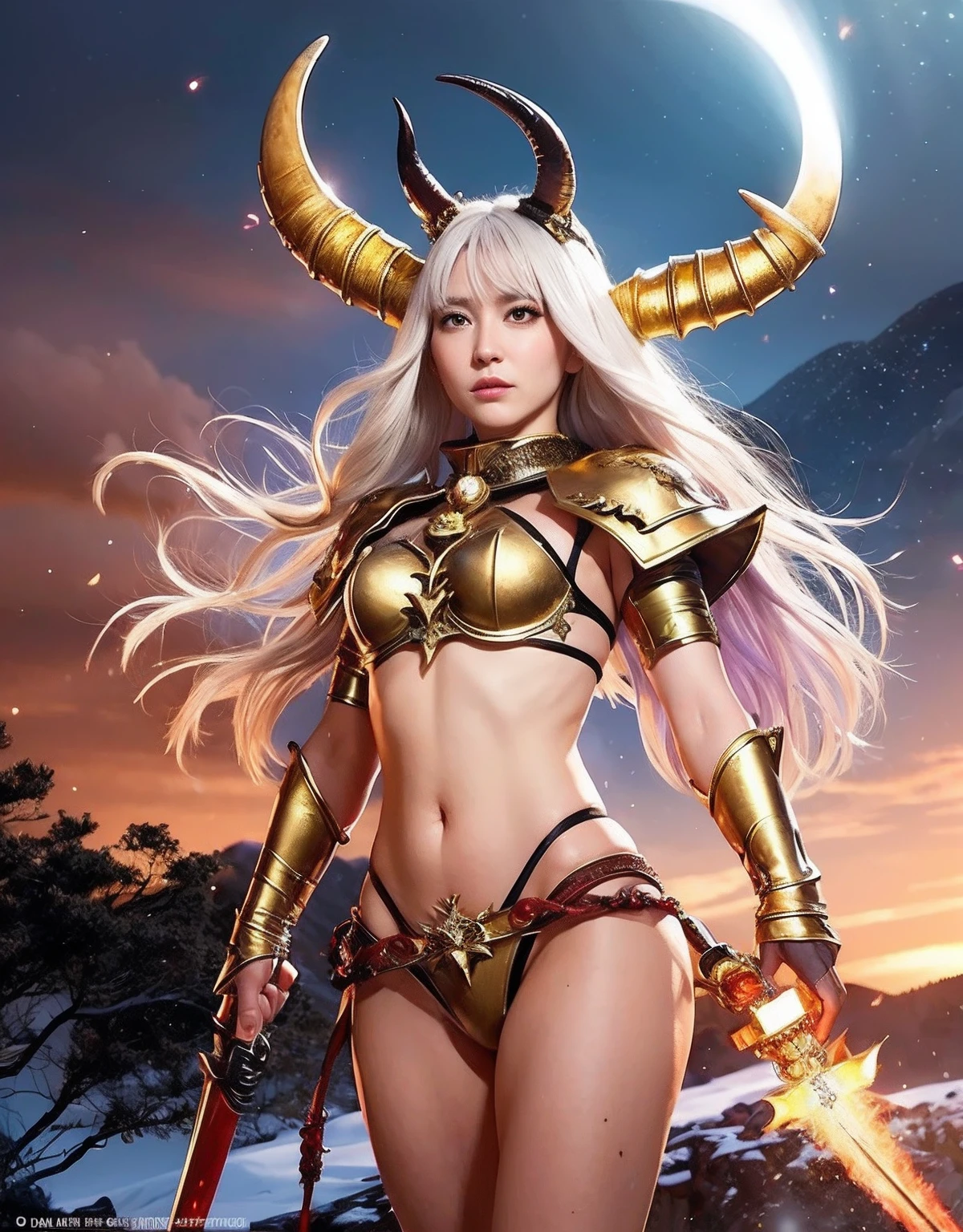 Professional , masterpiece、top-quality、photos realistic , depth of fields 、(White bikini armor)、()、Jewel Gold Weapon、Particles of light),Gorgeous gold weapons ,(( Gorgeous Dragon Sword)) , (Hold the Devil's Hand),,(maikurobikini) 、((White hair))、(Castle background)、(demonic wings)、((Gangle's forest background))、Beautiful Caucasian beauty、1a person、dynamic ungle,(((Two devil's horns on the head)))、Smaller head、Idle Smile、Thin and beautiful female hands、Mystical expression、Light Effects、intense fighting、Wind-effect、magic circles、With the legendary magic wand、Dragon's tail、