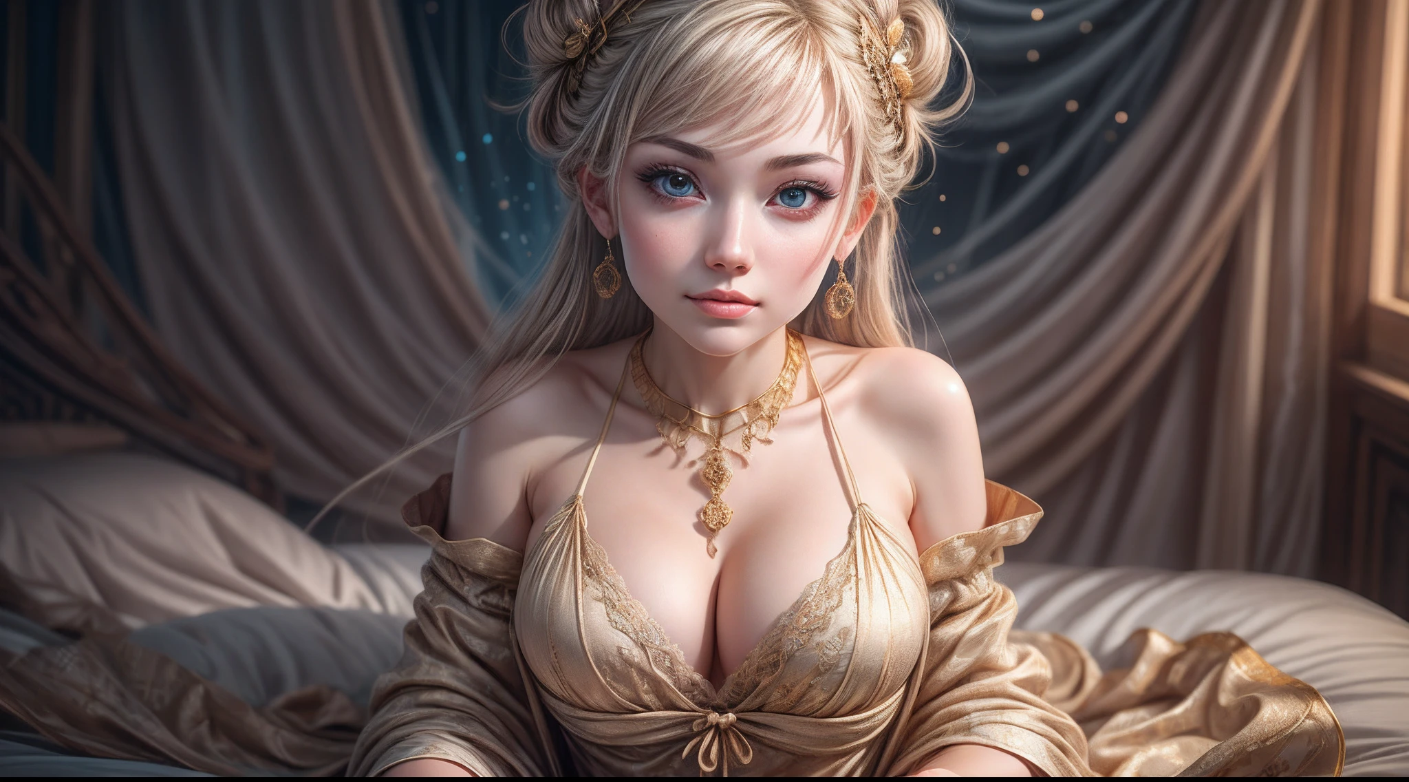 best quality, masterpiece, highres, 1Pretty girl with big breast with flowing magical robe, honey, China lace dress, hair ornament, gold necklace, gold jewelry ,Beautiful face, Pay attention to the details of the picture, especially the details of the eyes, upon_body, tyndall effect, photorealistic, dark studio, rim lighting, two tone lighting,(high detailed skin:1.2), 8k uhd, dslr, soft lighting, high quality, volumetric lighting, candid, Photograph, high resolution, 4k, 8k, Bokeh,  .Jinstyle,  building,  junji ito artwork, ito junji art, subtle junji ito, junji ito style, art style of junji ito, pixivs and junji ito,
