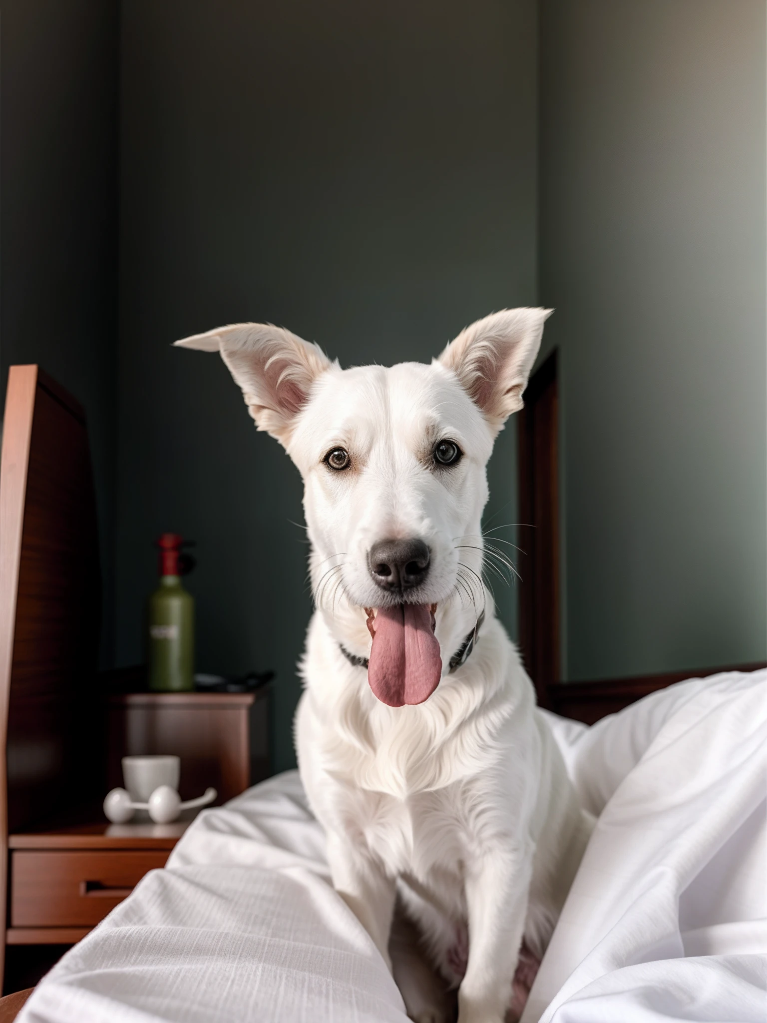 There is a white dog sitting on a bed with a blanket, Pose frontal, peludo bonito precisa de sua ajuda, happily smiling at the camera, Jack Russel Terrier surpreendido, staring directly at camera, 2 5 I, front facing the camera, 1 8 I, Jack Russel Terrier, aw, young handsome pale roma, imagem frontal, mateus 9 5, 20 anos