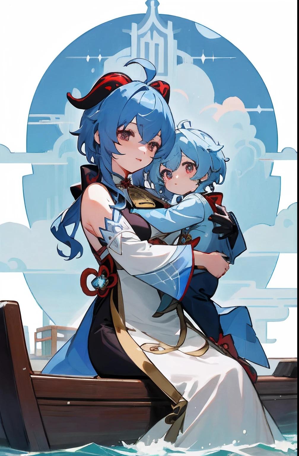 Anime image of two women sitting on a boat, WLOP and Sakimichan, Medium hair, Blue-haired deity, Genshin, More details about the background of Two Beautiful Anime Girls, Mother and child, A symbol of maternal love, Mother and child, Such as mother and child photos,Riverback,boat,Dragon boat festival,Ganyu(Genshin_impact),More details
