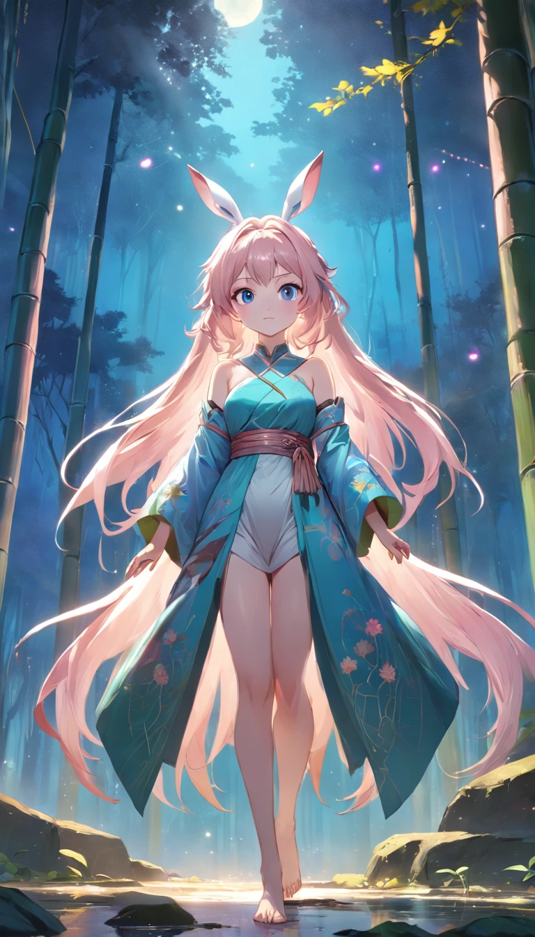 (Dynamic angle:1.4), ((Full body posing:1.5), (colorful:1.2), (extremely detailed CG unity 16k wallpaper:1.1), (Denoising strength: 1.45), (tmasterpiece:1.37), ((official art)), top quality, moyou, (ultra detailed:1.3), 1girl, (bamboo forest:1.2), colorful, (cinematic_angle:1.3), unity 8k wallpaper, (jade carved branches:1.2), (the huge moon behind the body:1.3), (starry sky:1.3), lotus pedestal, (white fluffy giant rabbit:1.3), (starish:1.3), (starrynebula:1.2), looking at viewer, the corridor of the palace, (off shoulder:1.2), (festiveMidAutumnsetting:1.2), looking at viewer, (ultra detailed:1.3), (sophisticatedarchitecture), (illumination effect with a dreamy feeling:1.2), (texturedfabrics), (detached sleeves:1.1), cinematic lighting, (sparkle:1.2), (photorealistic:1.4), (lens flare:1.1), (masterpiece), (masterpiece), masterpiece, best quality
