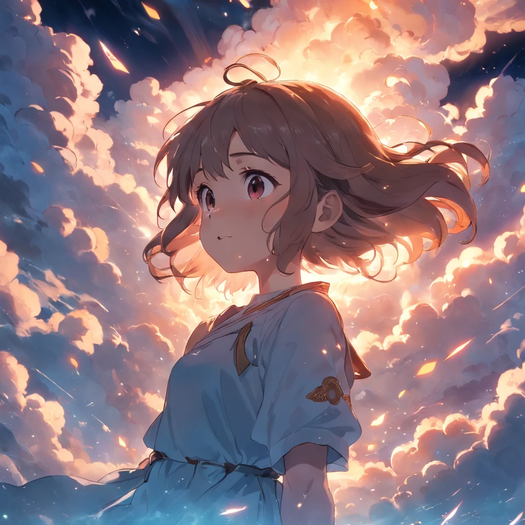 masterpiece, best quality, movie still, 1girl, cloud girl, floating in the sky, close-up, bright, happy, warm soft lighting, sunset, (sparks:0.7)
