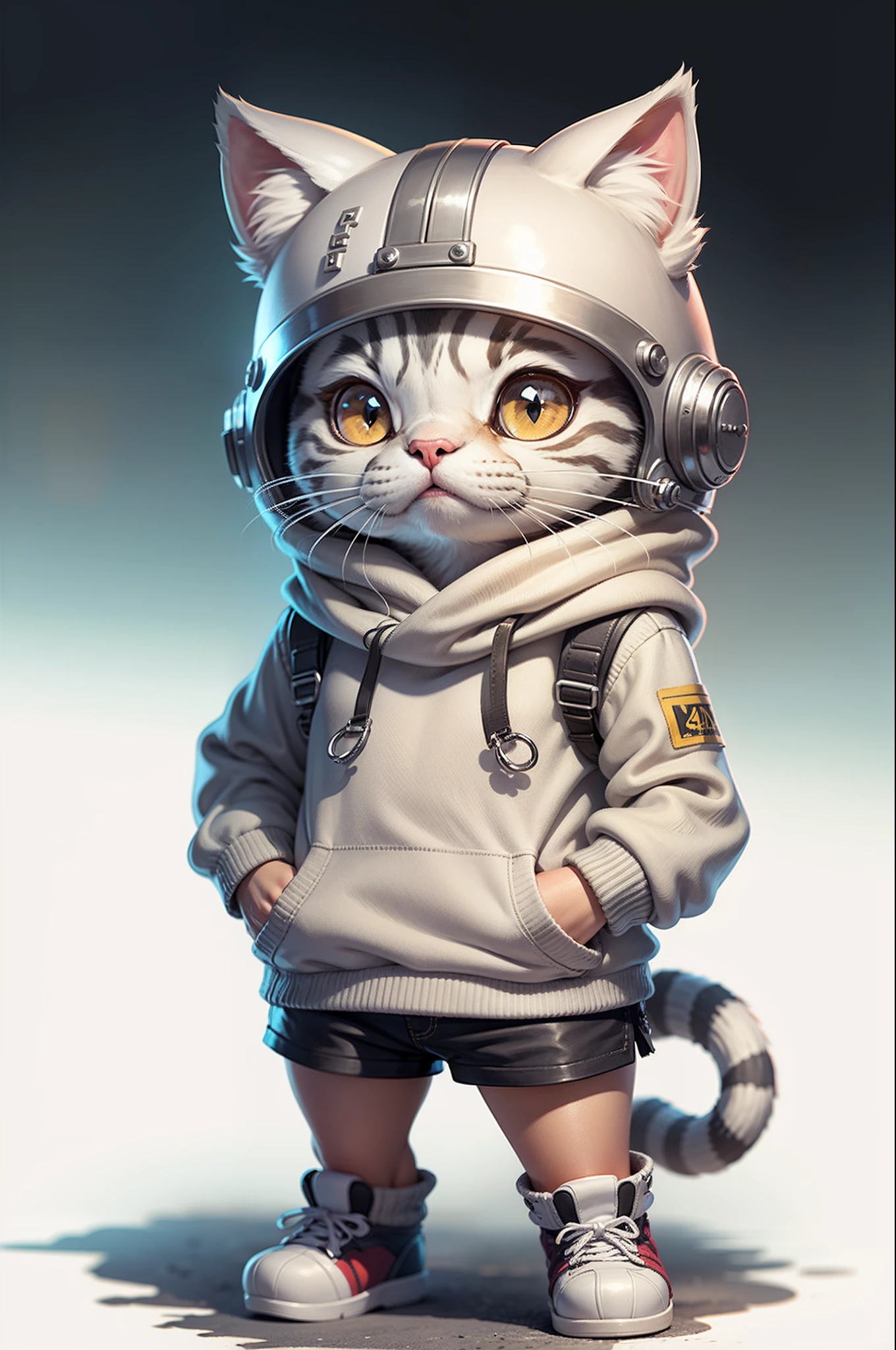 C4tt4stic, Cartoon cute silver tabby cat in knitted sweater and mini skirt, helmets,