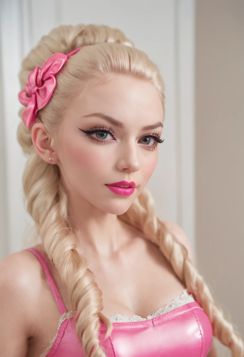 a picture of Barbie as a dominatrix queen (best details, Masterpiece, best quality :1.5), ultra detailed face (best details, Masterpiece, best quality :1.5), ultra feminine (best details, Masterpiece, best quality :1.5), wearing latex pink mini dress, pink stockings, pink high heels, long braided hair, hair pulled back, blond hair, modern bedroom background (best details, Masterpiece, best quality :1.5), ultra best realistic pictures , best details, best quality, 16k, [ultra detailed], masterpiece, best quality, (extremely detailed), ultra wide shot, photorealism, depth of field, hyper realistic painting