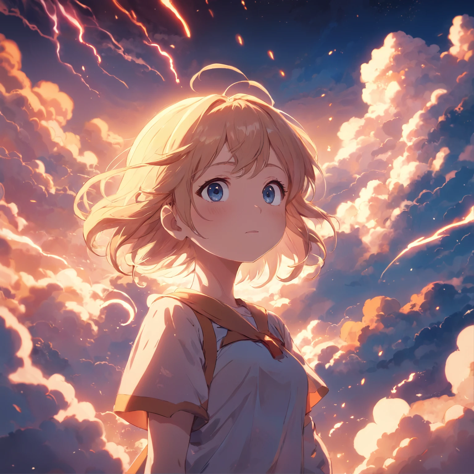 masterpiece, best quality, movie still, 1girl, cloud girl, floating in the sky, close-up, bright, happy, warm soft lighting, sunset, (sparks:0.7)