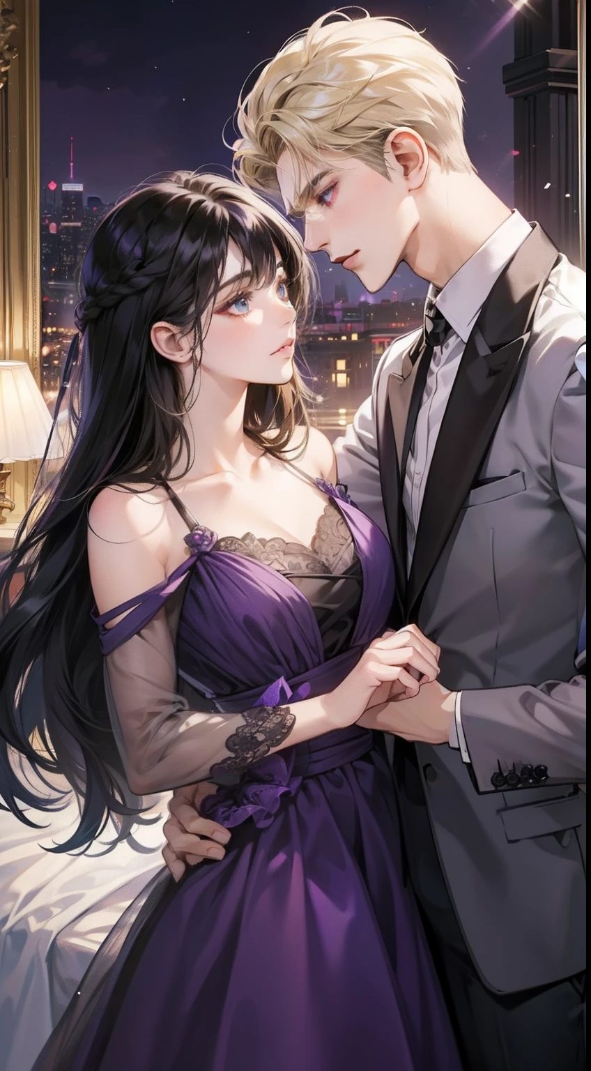 Couple, 1 girl 1 boy, different hair color, long black hair and brown eyes, short brown hair and grey eyes, romance, black suite, purple dress, UK, luxury room background, face to face, romantic